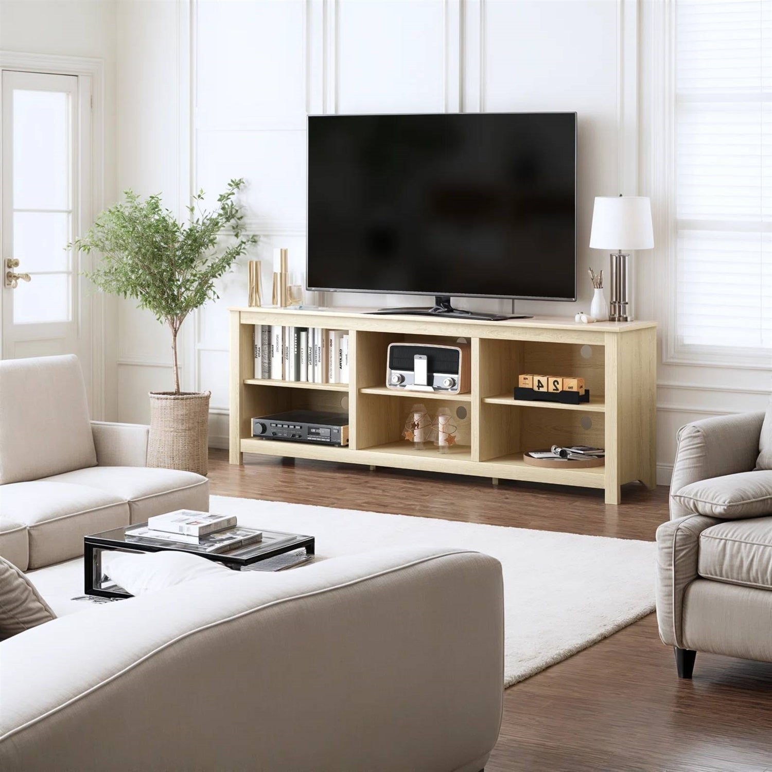 Farmhouse TV Stand in Light Oak Wood Finish