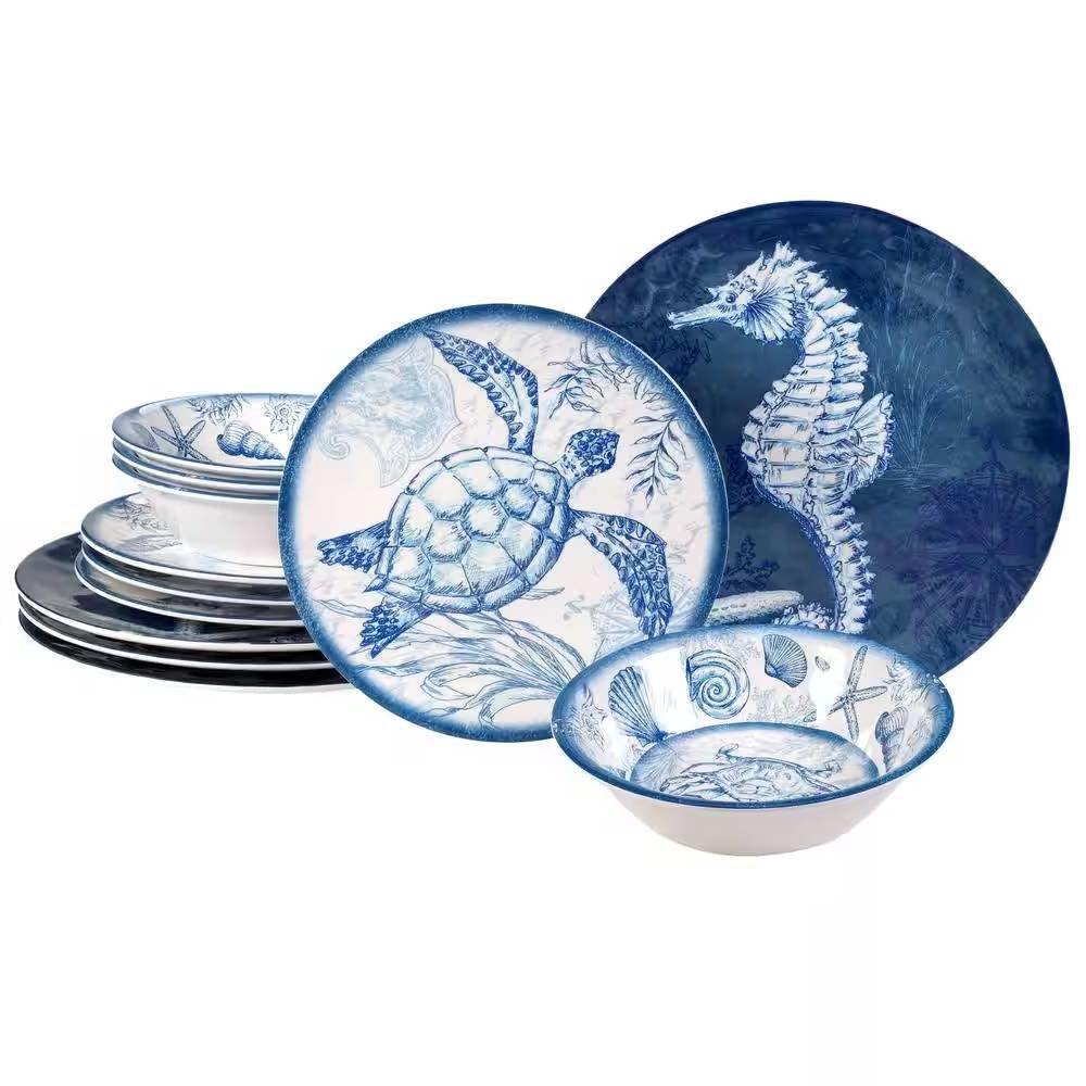 Shell Dinnerware 12-Piece Sea Shells Ocean Theme Dinnerware Set in Blue and White - Ser ...