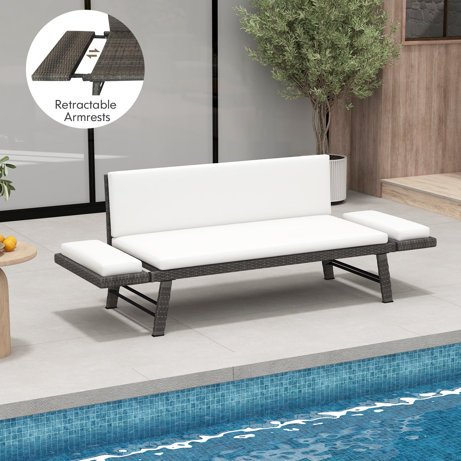 Outdoor Convertible Sofa Daybed with Adjustable Armrests - Off White