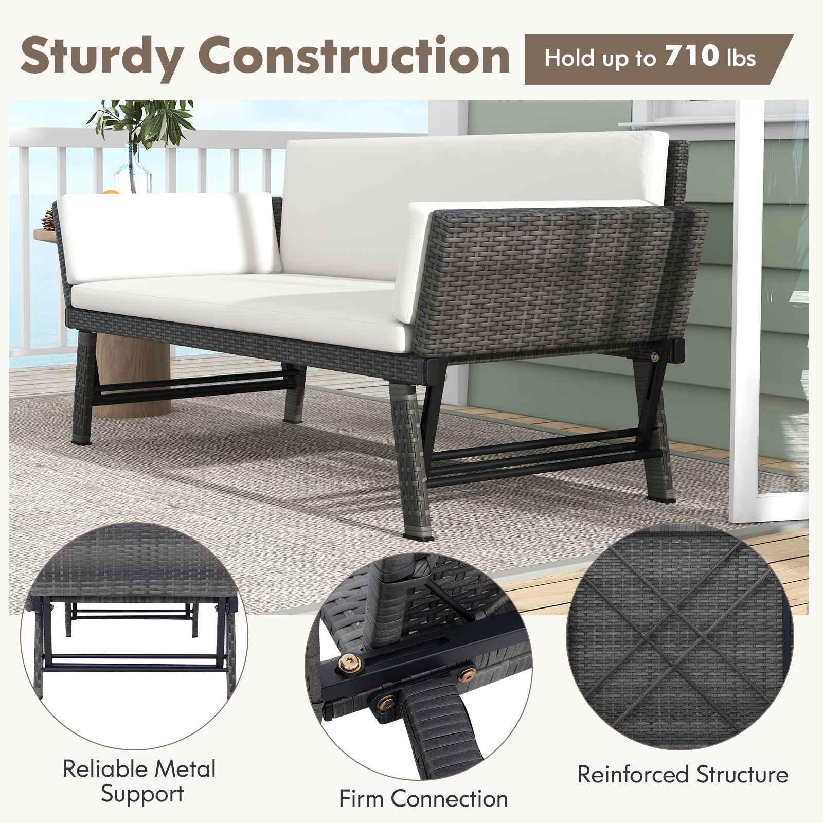 Outdoor Convertible Sofa Daybed with Adjustable Armrests - Off White