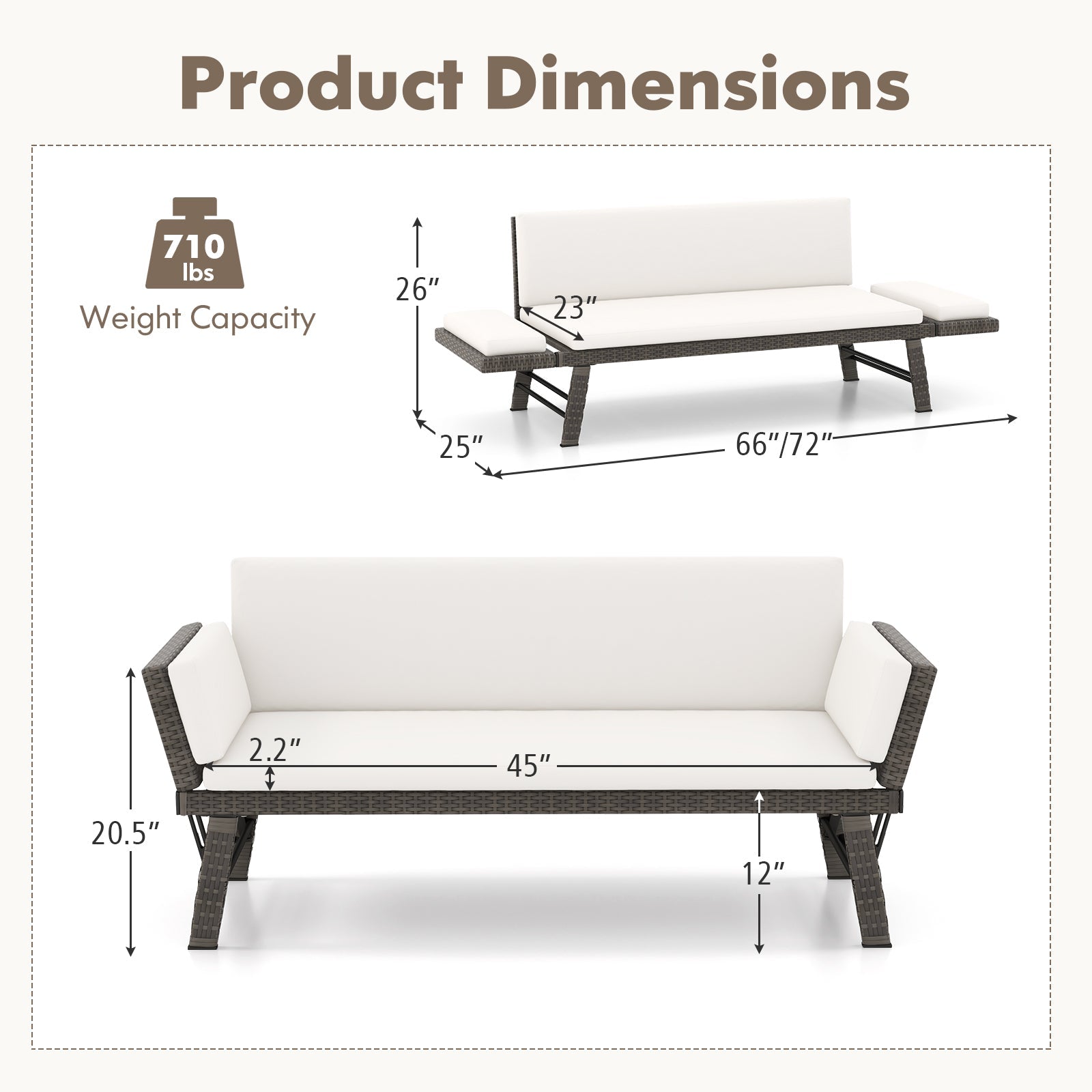 Outdoor Convertible Sofa Daybed with Adjustable Armrests - Off White