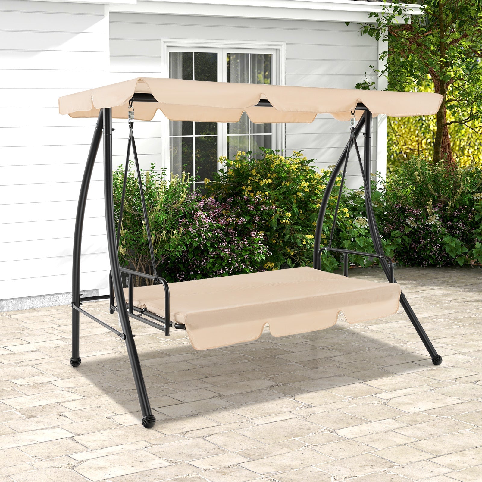 2-Seat Outdoor Convertible Swing Chair with Flat Bed - Beige