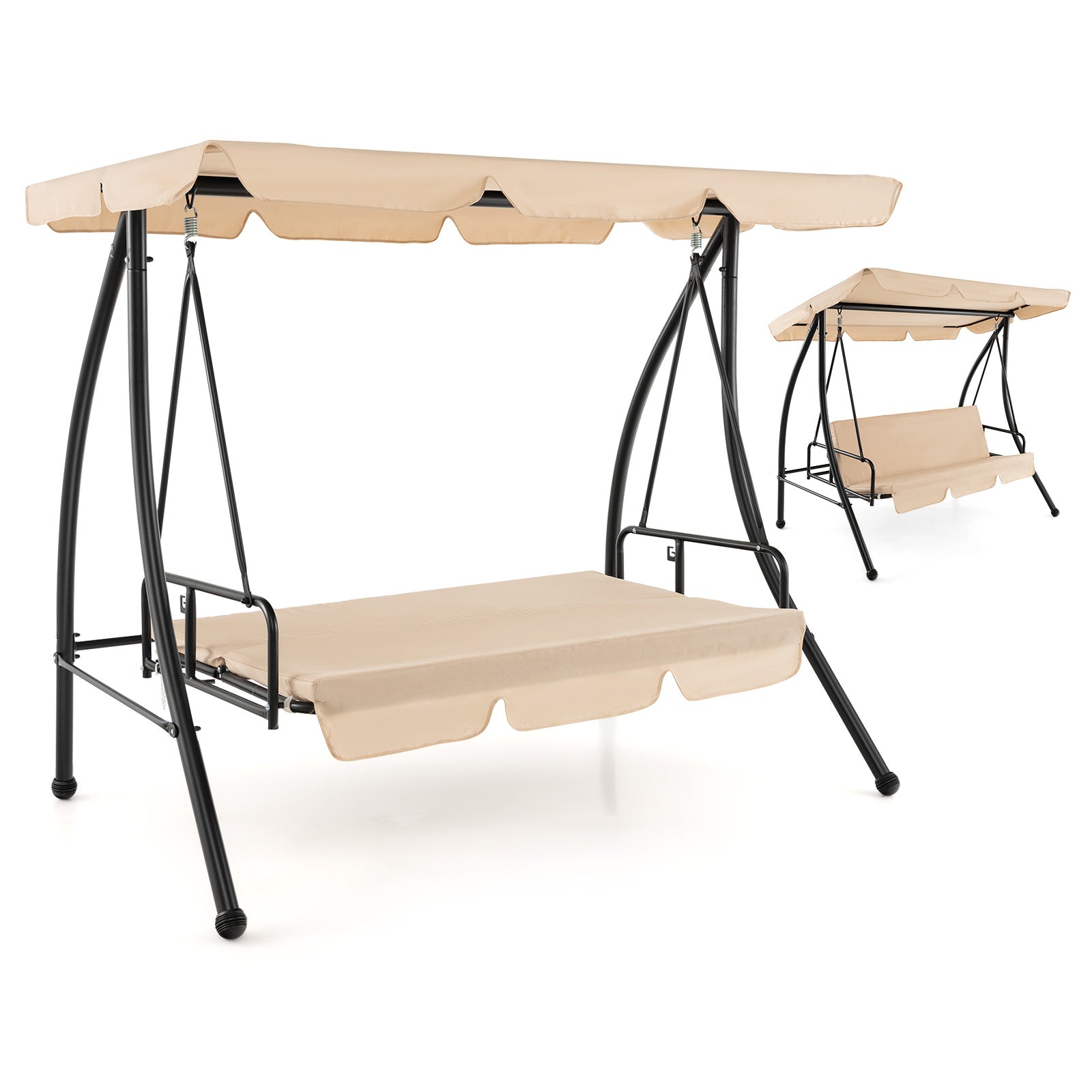2-Seat Outdoor Convertible Swing Chair with Flat Bed - Beige