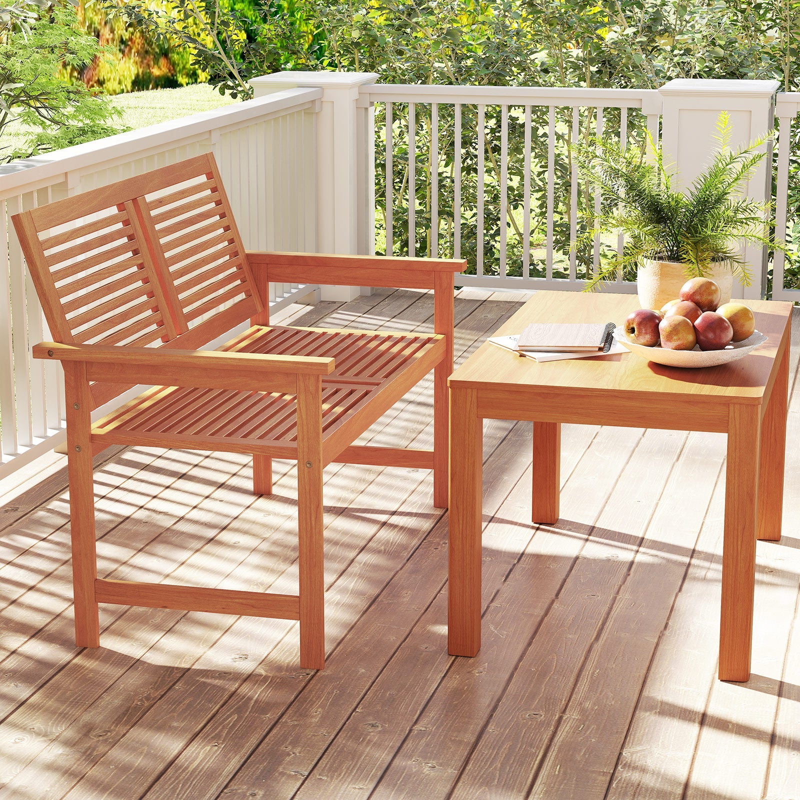 Outdoor Wooden Bench 2-Person, with Slatted Backrest and Seat