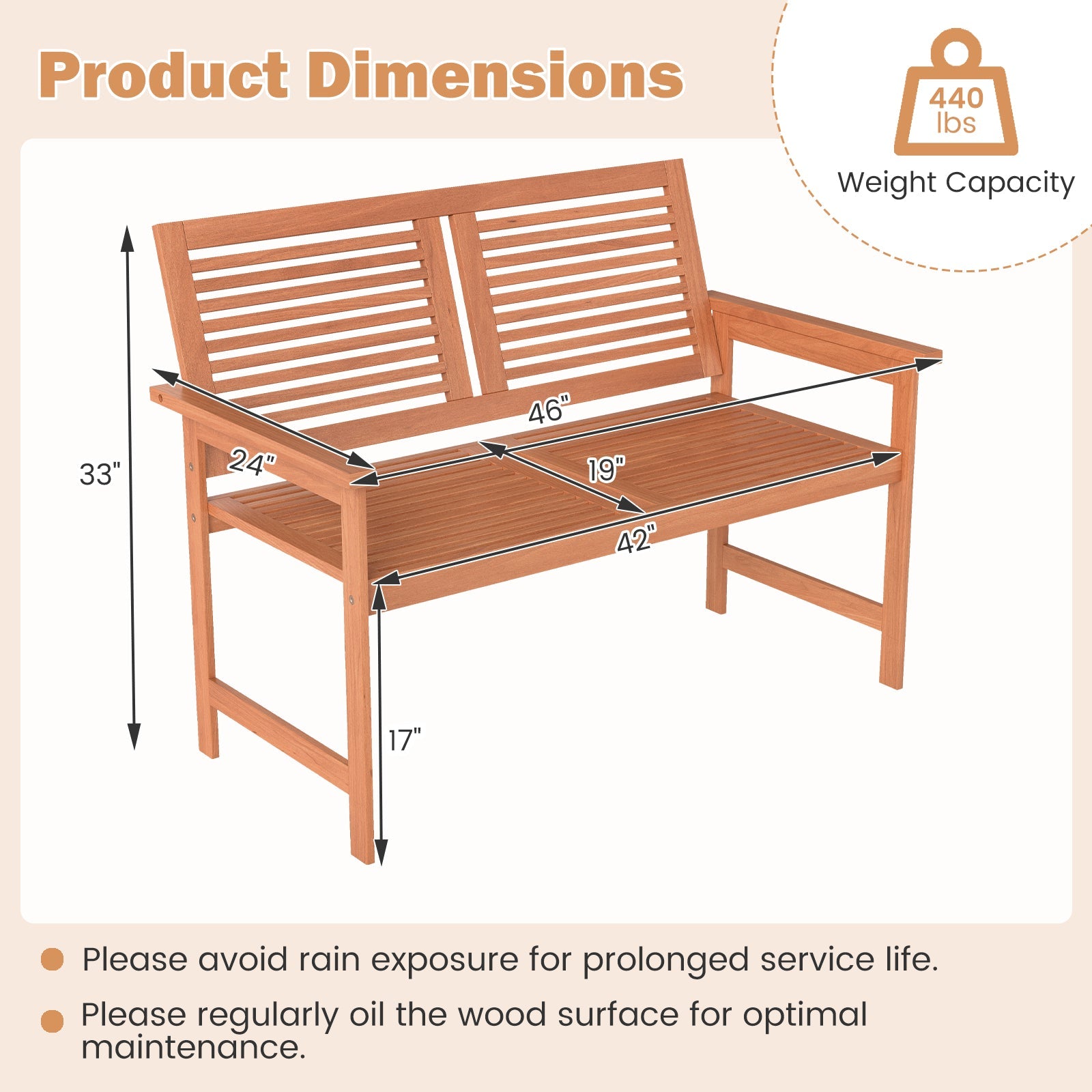 Outdoor Wooden Bench 2-Person, with Slatted Backrest and Seat