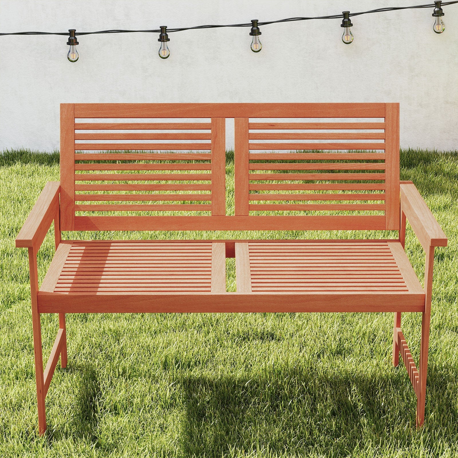 Outdoor Wooden Bench 2-Person, with Slatted Backrest and Seat