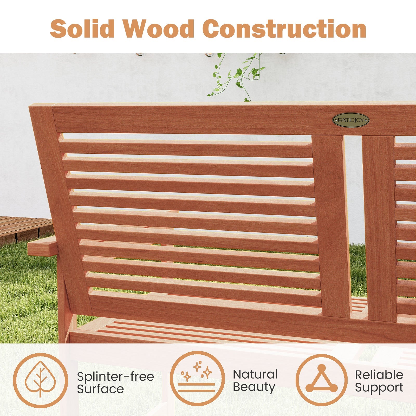 Outdoor Wooden Bench 2-Person, with Slatted Backrest and Seat