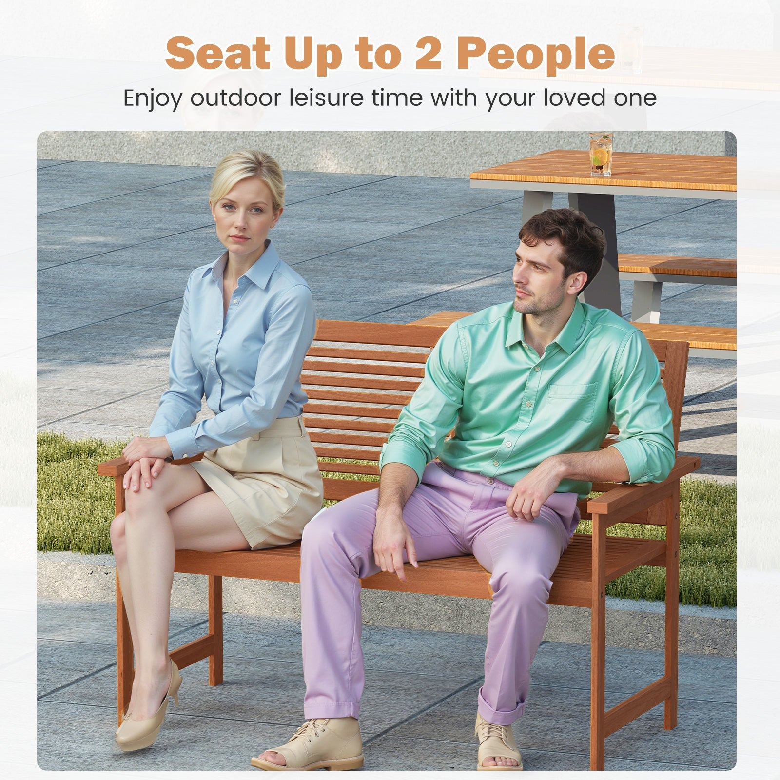 Outdoor Wooden Bench 2-Person, with Slatted Backrest and Seat