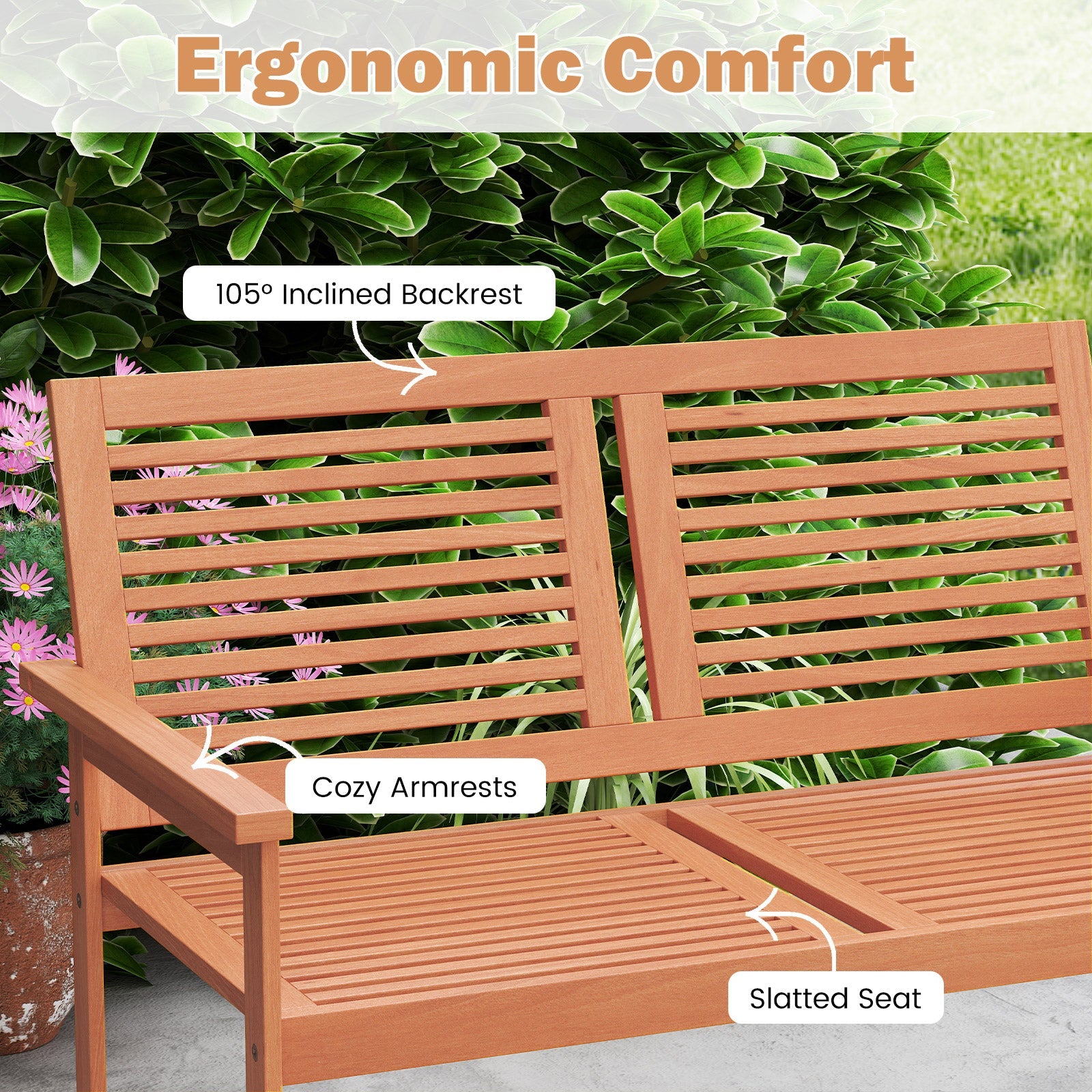 Outdoor Wooden Bench 2-Person, with Slatted Backrest and Seat