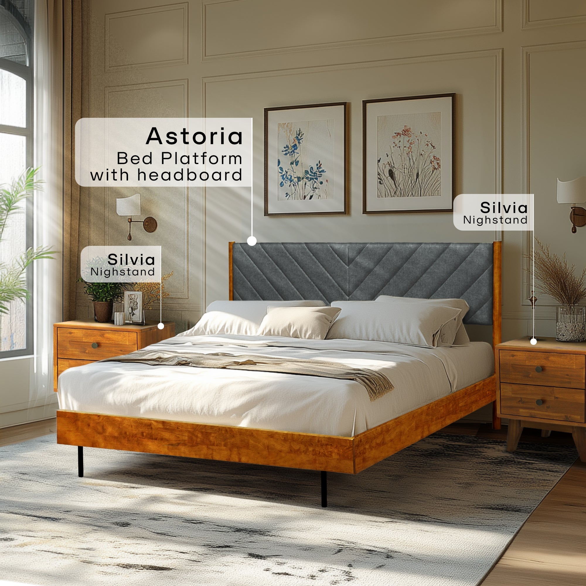 Acacia Astoria Upholstered Solid Wood Bed Frame