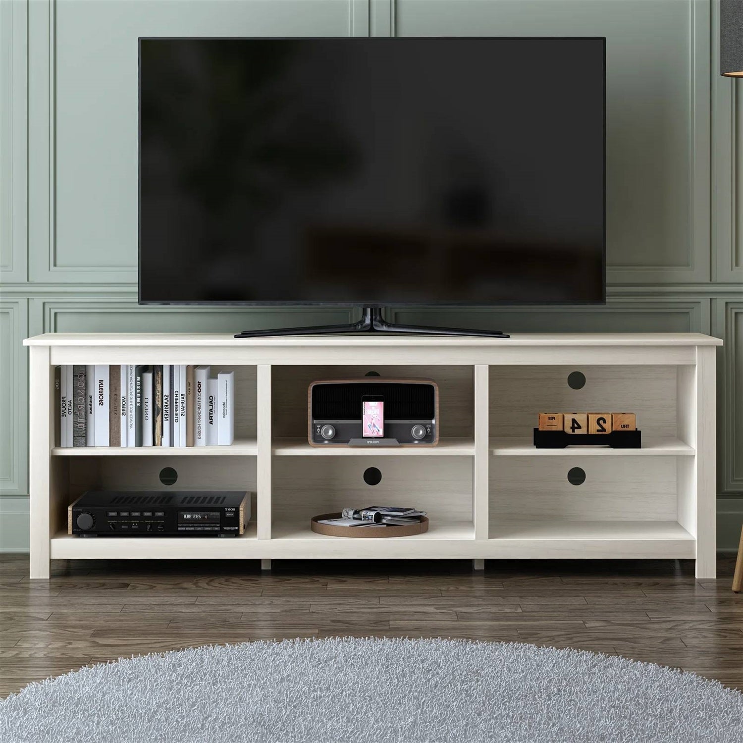 Farmhouse TV Stand in White Wood Grain Finish