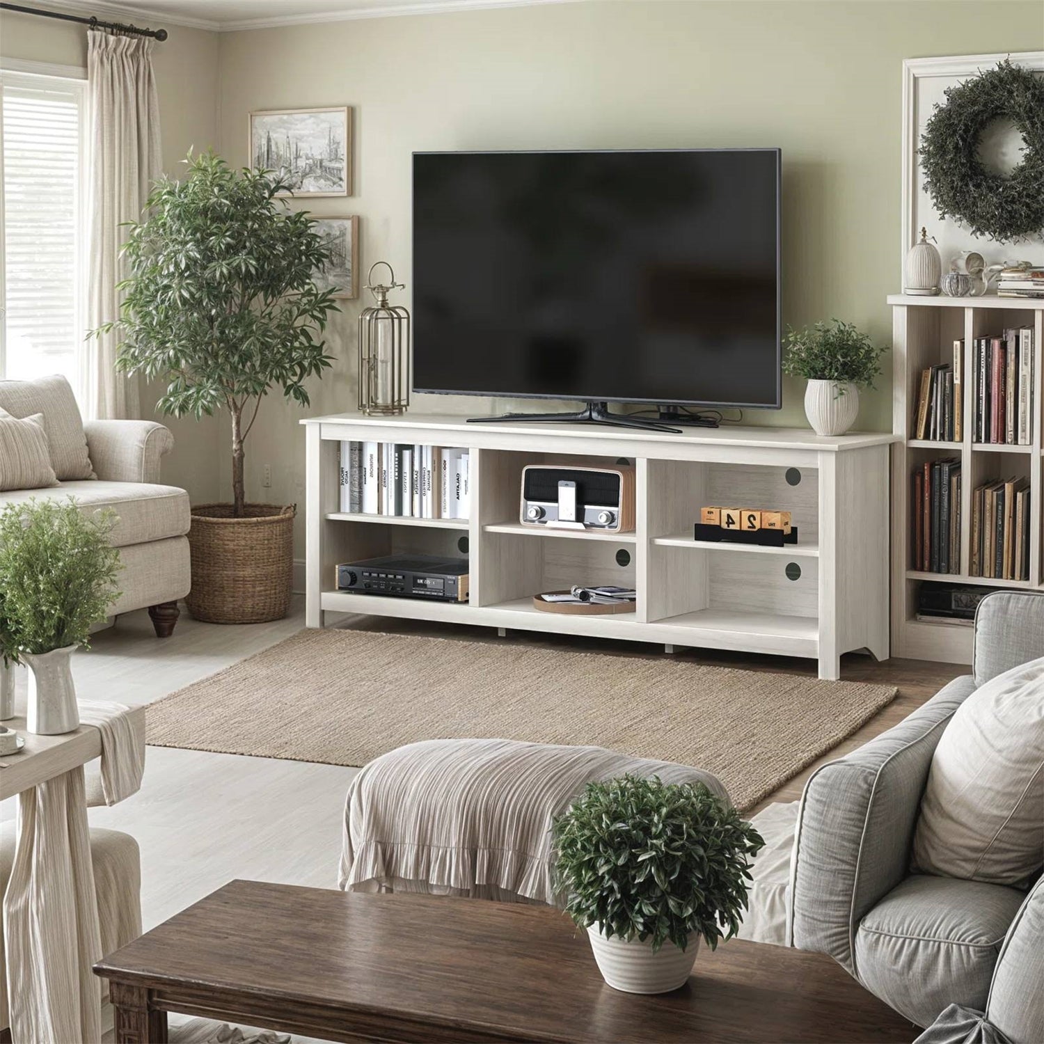 Farmhouse TV Stand in White Wood Grain Finish
