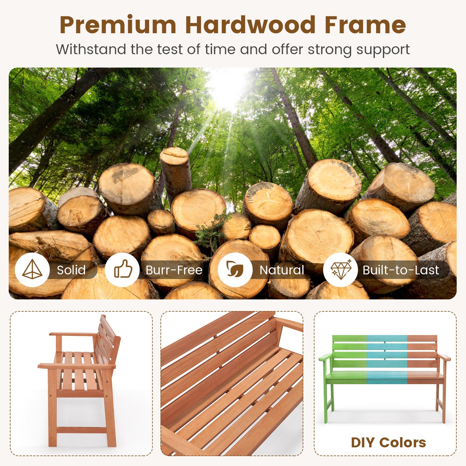Patio Solid Wood Bench, 2-Seater