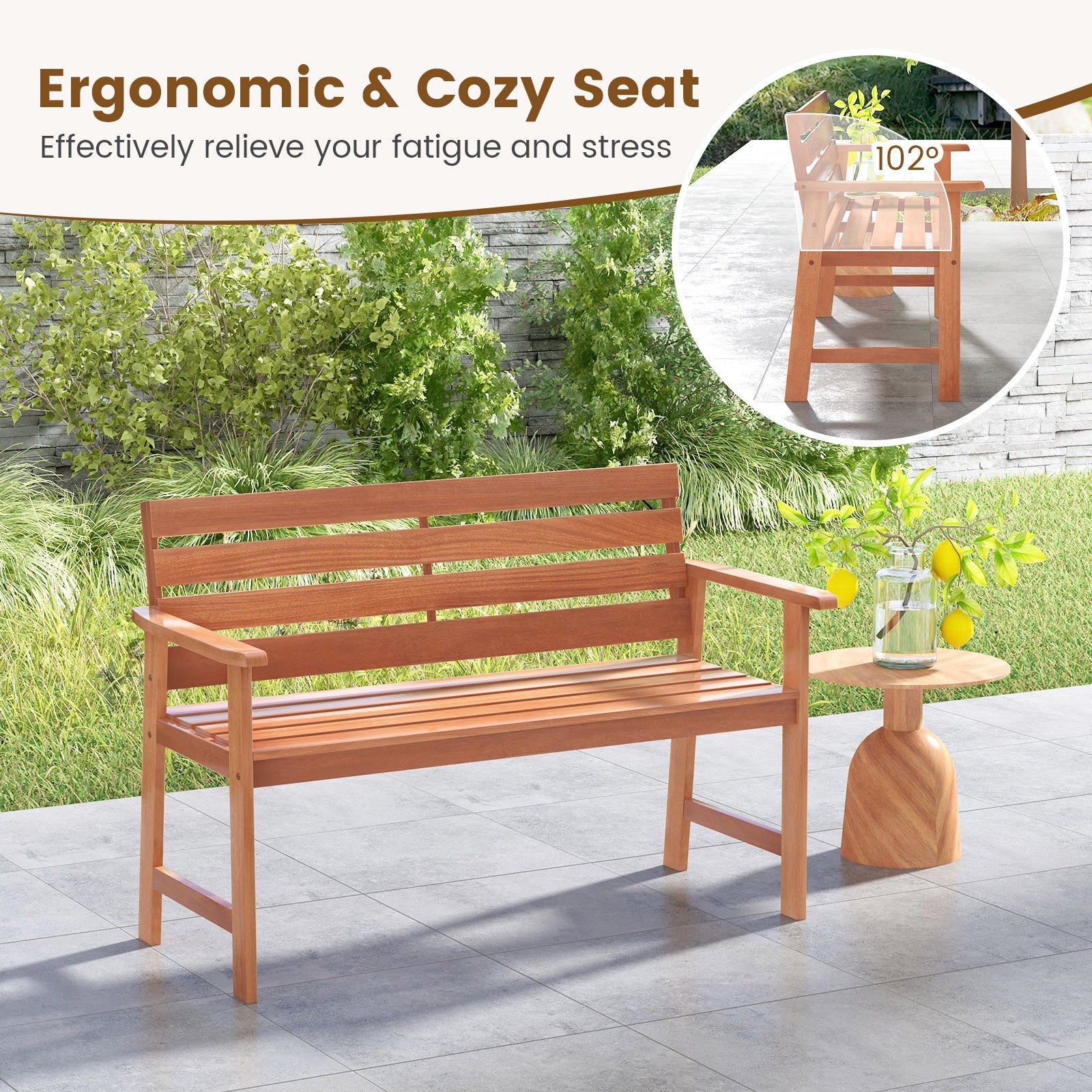 Patio Solid Wood Bench, 2-Seater