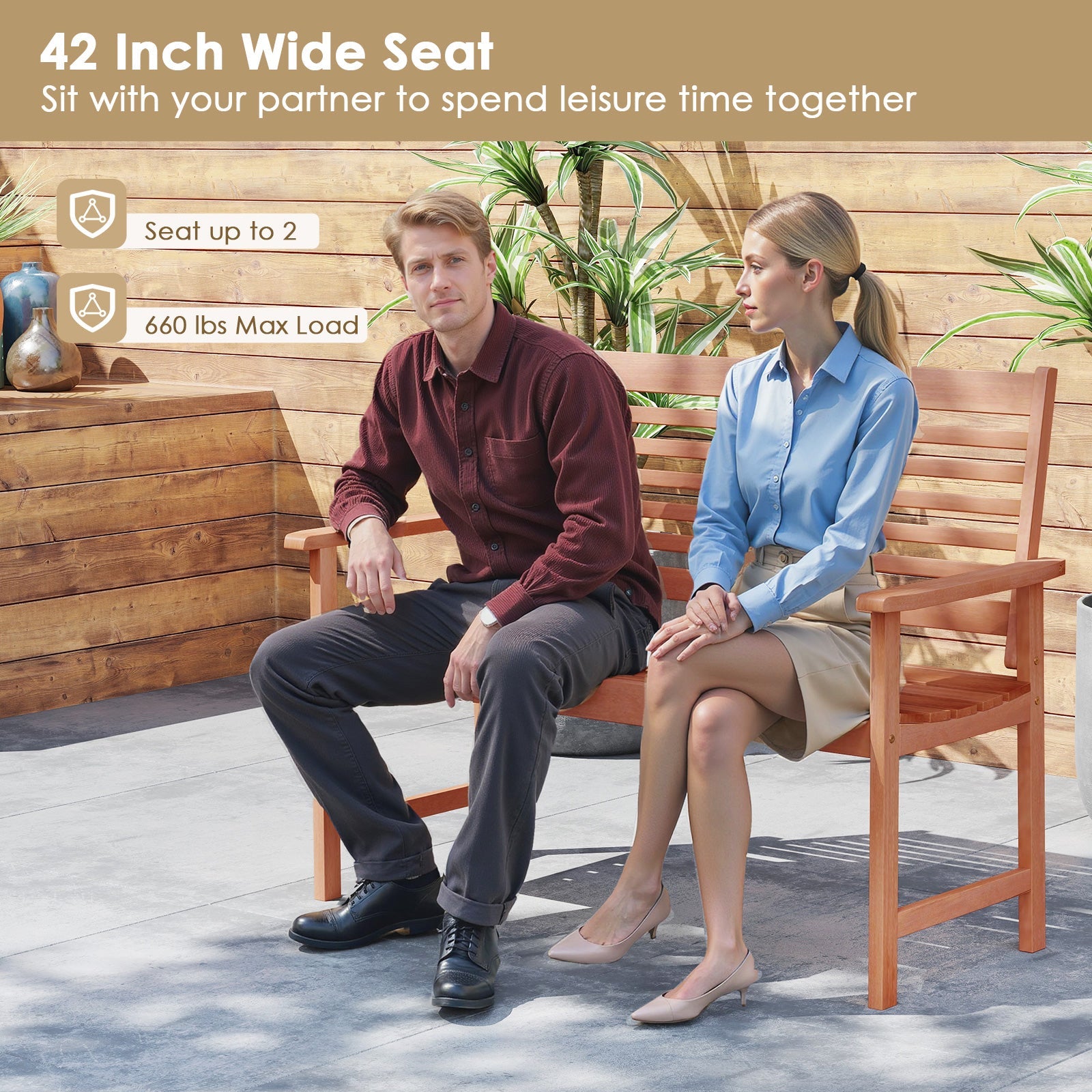 Patio Solid Wood Loveseat Outdoor 2-Seat Bench