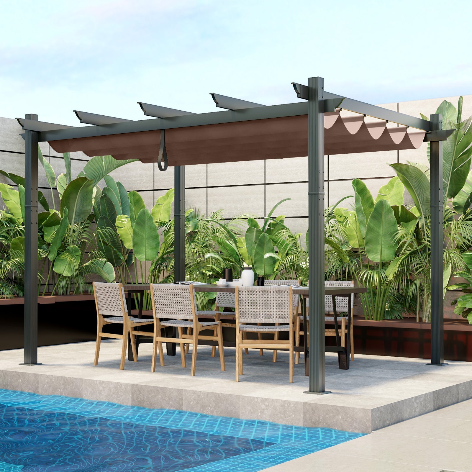10 x 12 Feet Outdoor Aluminum Retractable Pergola Canopy-Coffee