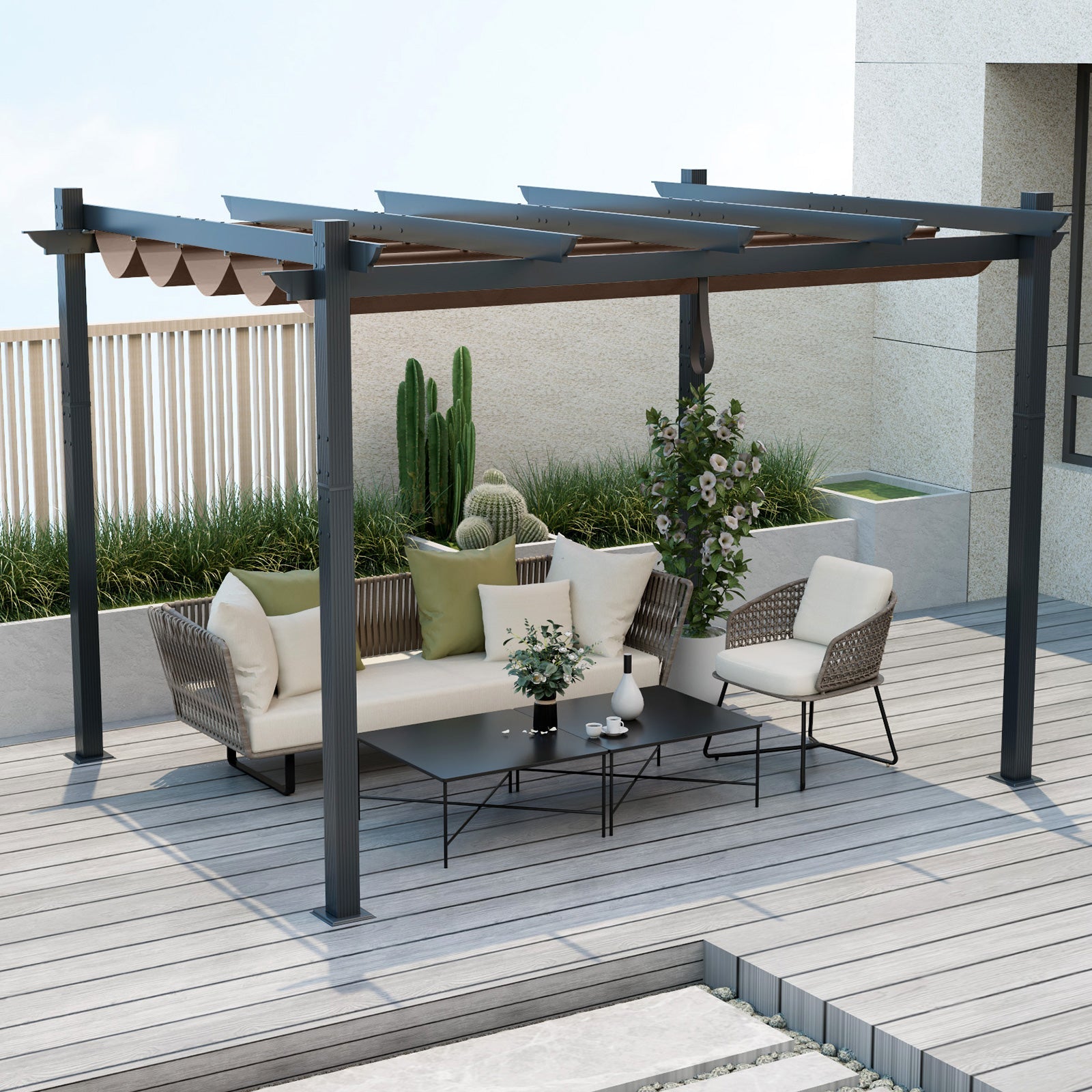 10 x 12 Feet Outdoor Aluminum Retractable Pergola Canopy-Coffee