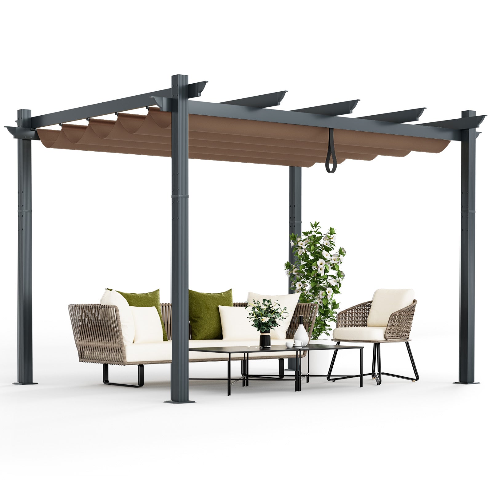 10 x 12 Feet Outdoor Aluminum Retractable Pergola Canopy-Coffee