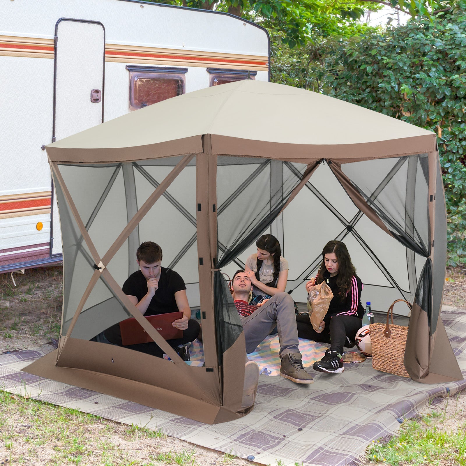 Pop-up Gazebo 6-sided Tent with Mesh Netting Walls-Coffee