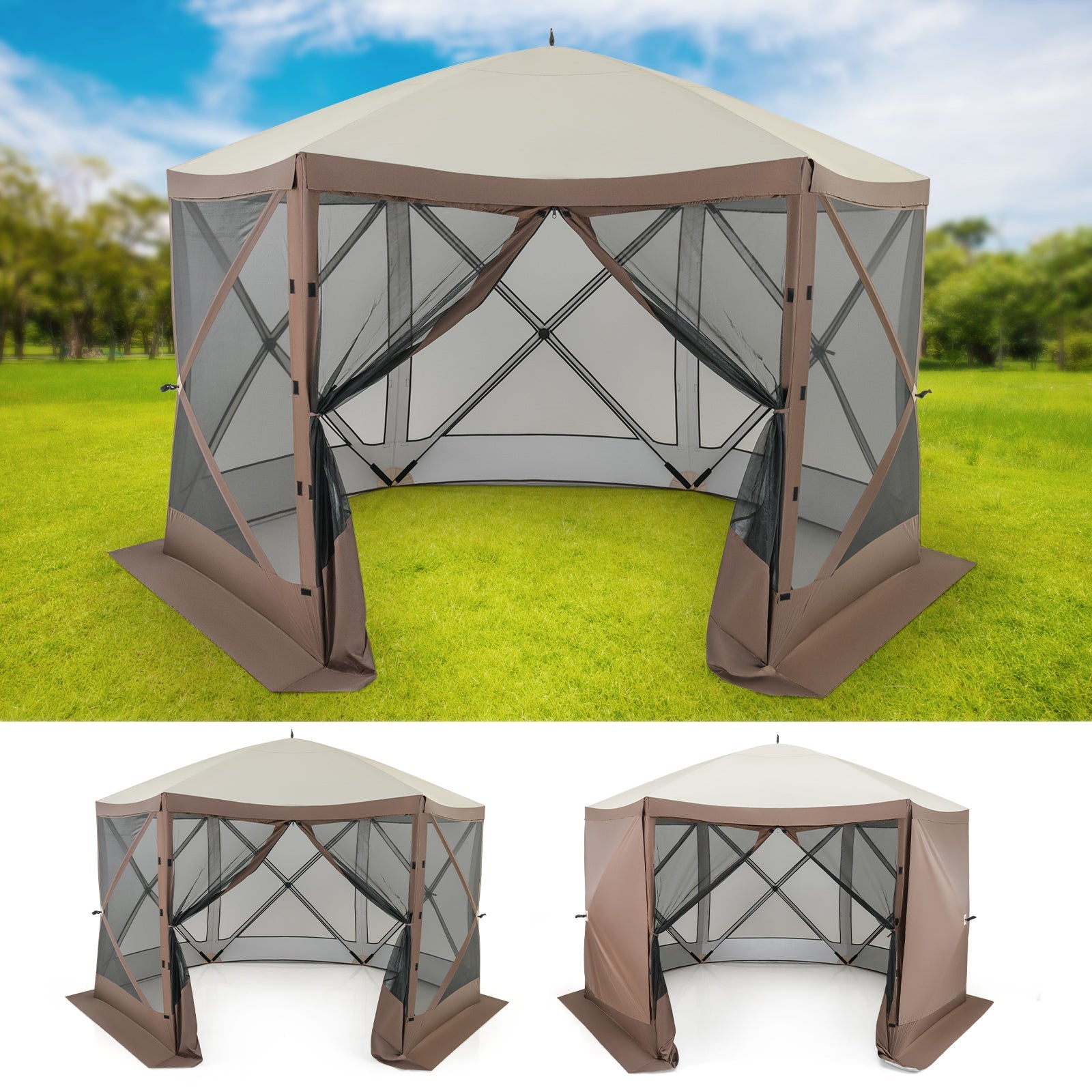 Pop-up Gazebo 6-sided Tent with Mesh Netting Walls-Coffee