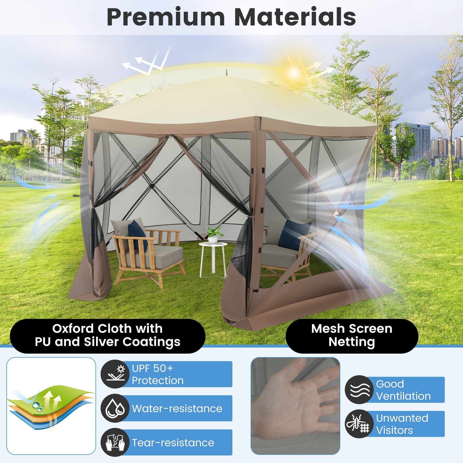 Pop-up Gazebo 6-sided Tent with Mesh Netting Walls-Coffee