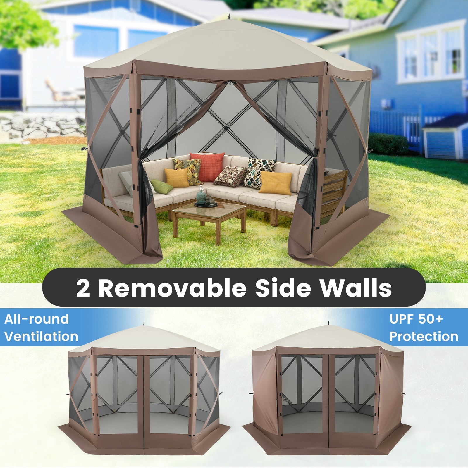 Pop-up Gazebo 6-sided Tent with Mesh Netting Walls-Coffee