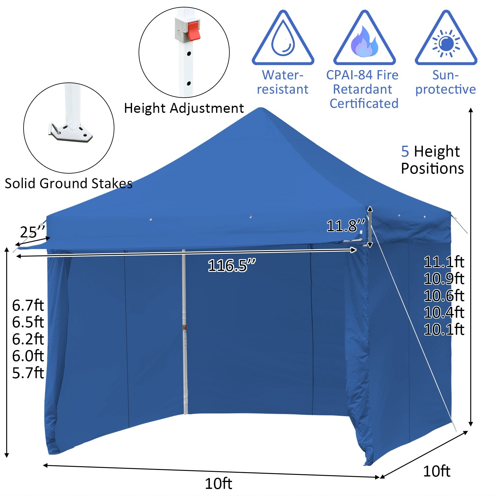 10 x 10 Feet Pop-up Gazebo with 5 Removable Zippered Sidewalls - Blue