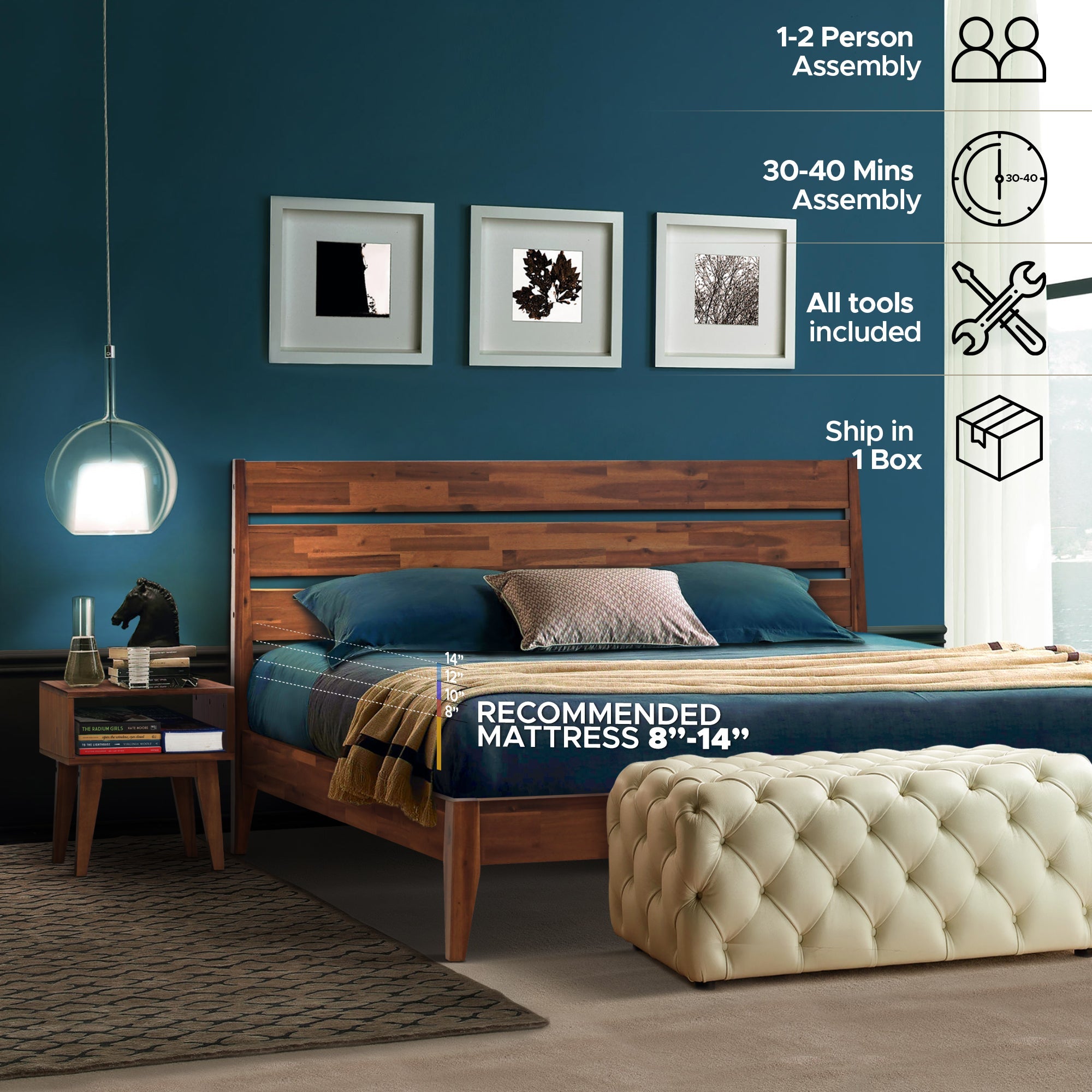 Emery Bed Frame & Nightstand Set - Acacia Solid Wood