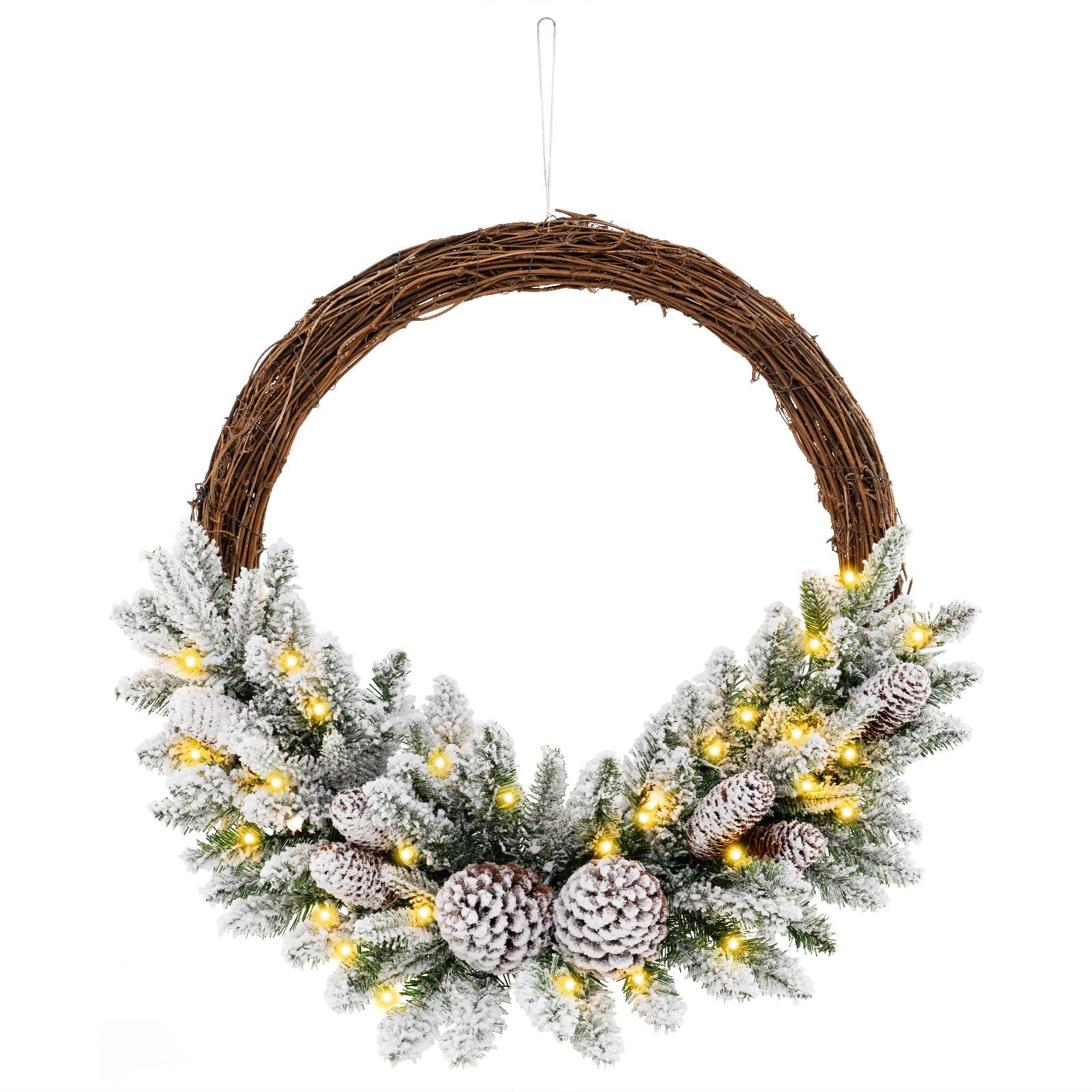Pre-lit Snow Flocked Artificial Christmas Wreath with 8 Pine Cones and 35 LED Lights by DirectDeals