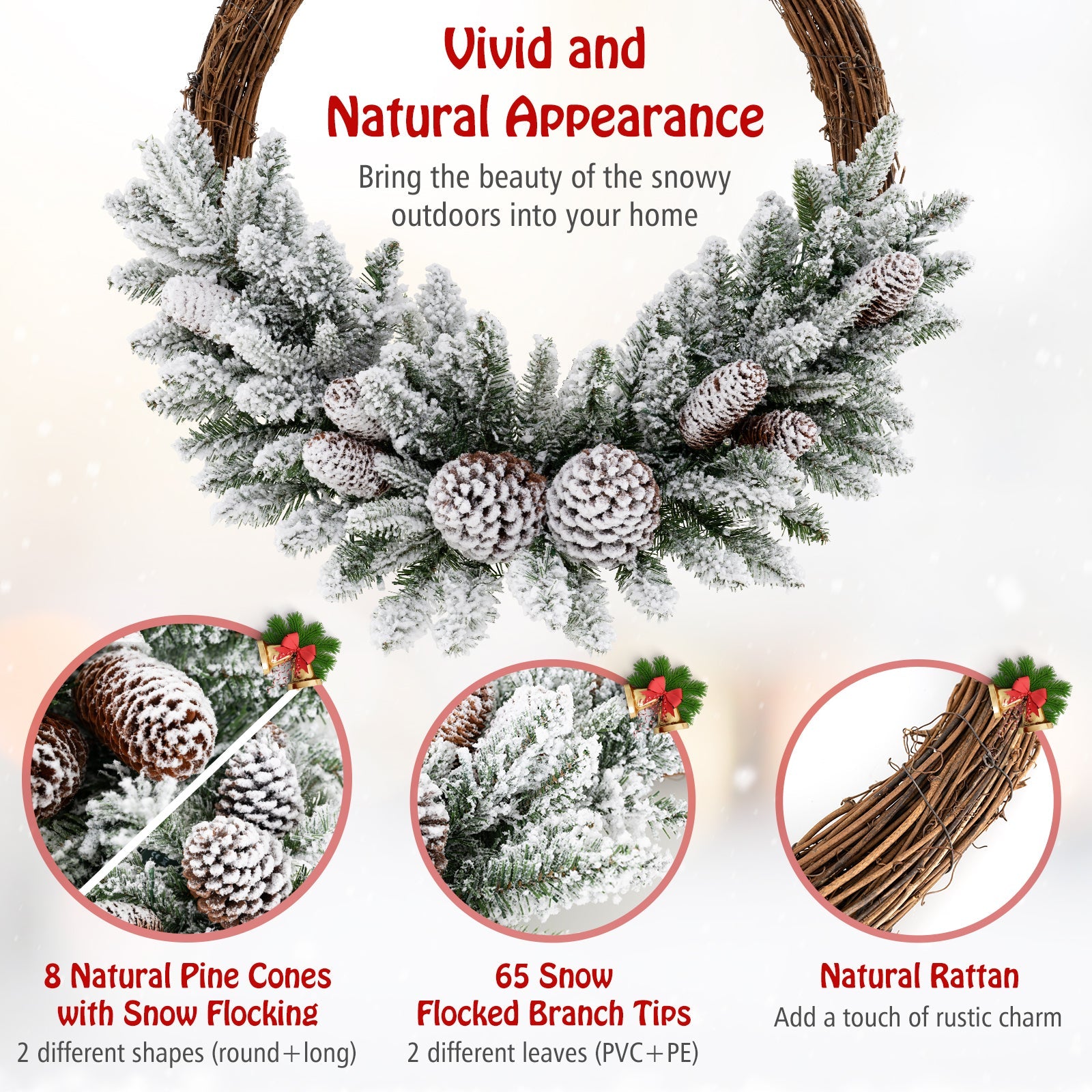 Pre-lit Snow Flocked Artificial Christmas Wreath with 8 Pine Cones and 35 LED Lights by DirectDeals