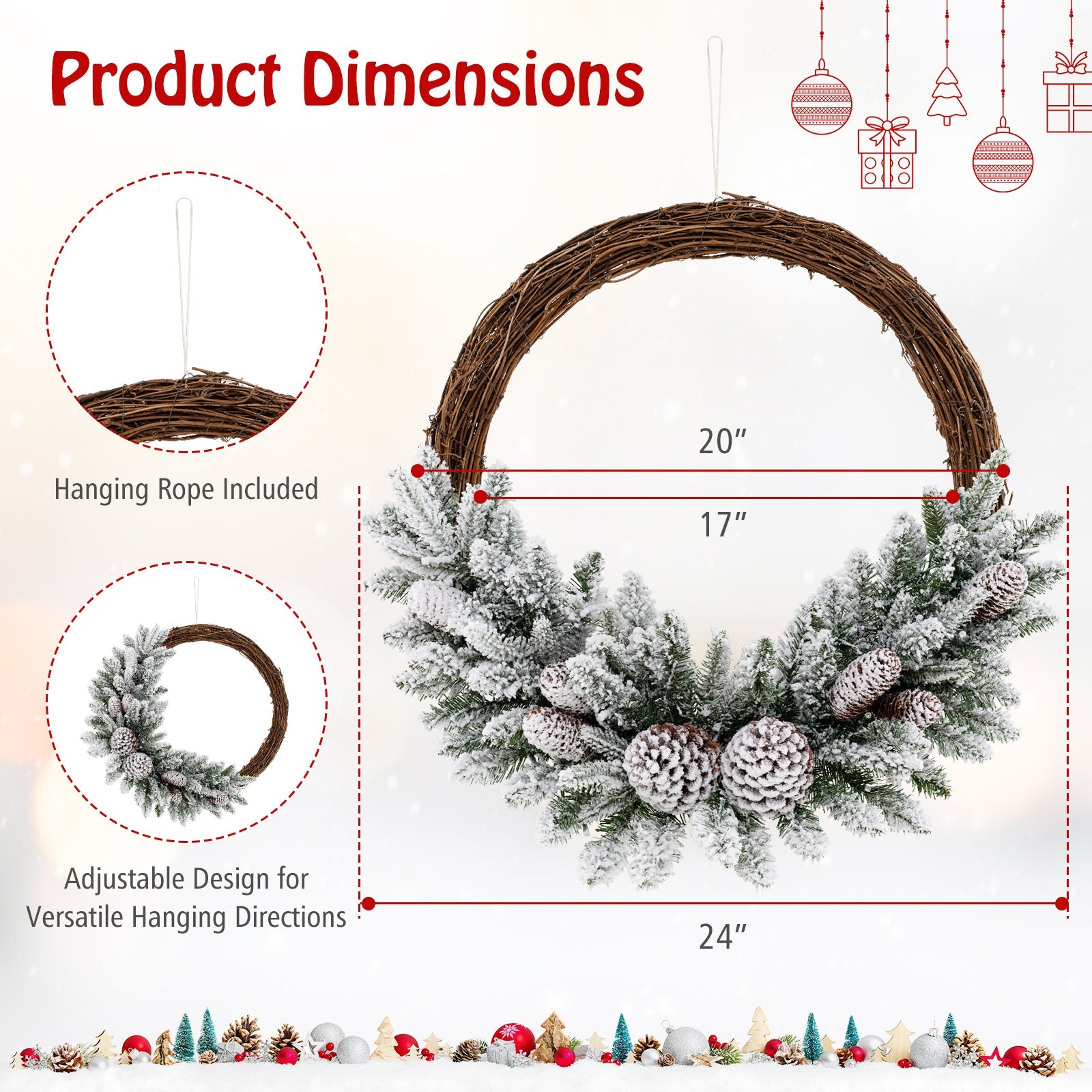 Pre-lit Snow Flocked Artificial Christmas Wreath with 8 Pine Cones and 35 LED Lights by DirectDeals