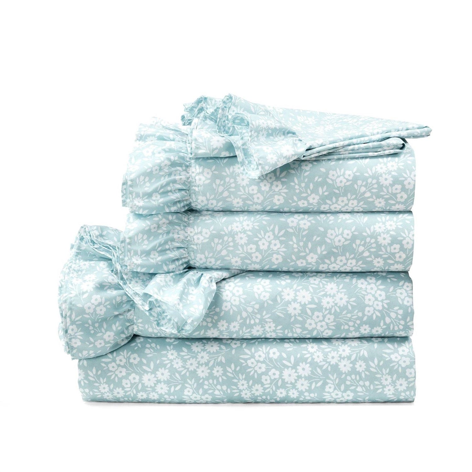 Queen Size, Polyester, Blue Ruffle Floral 6 Piece Sheet Set