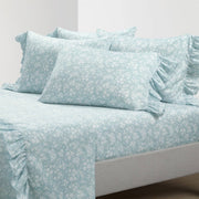 Queen Size, Polyester, Blue Ruffle Floral 6 Piece Sheet Set