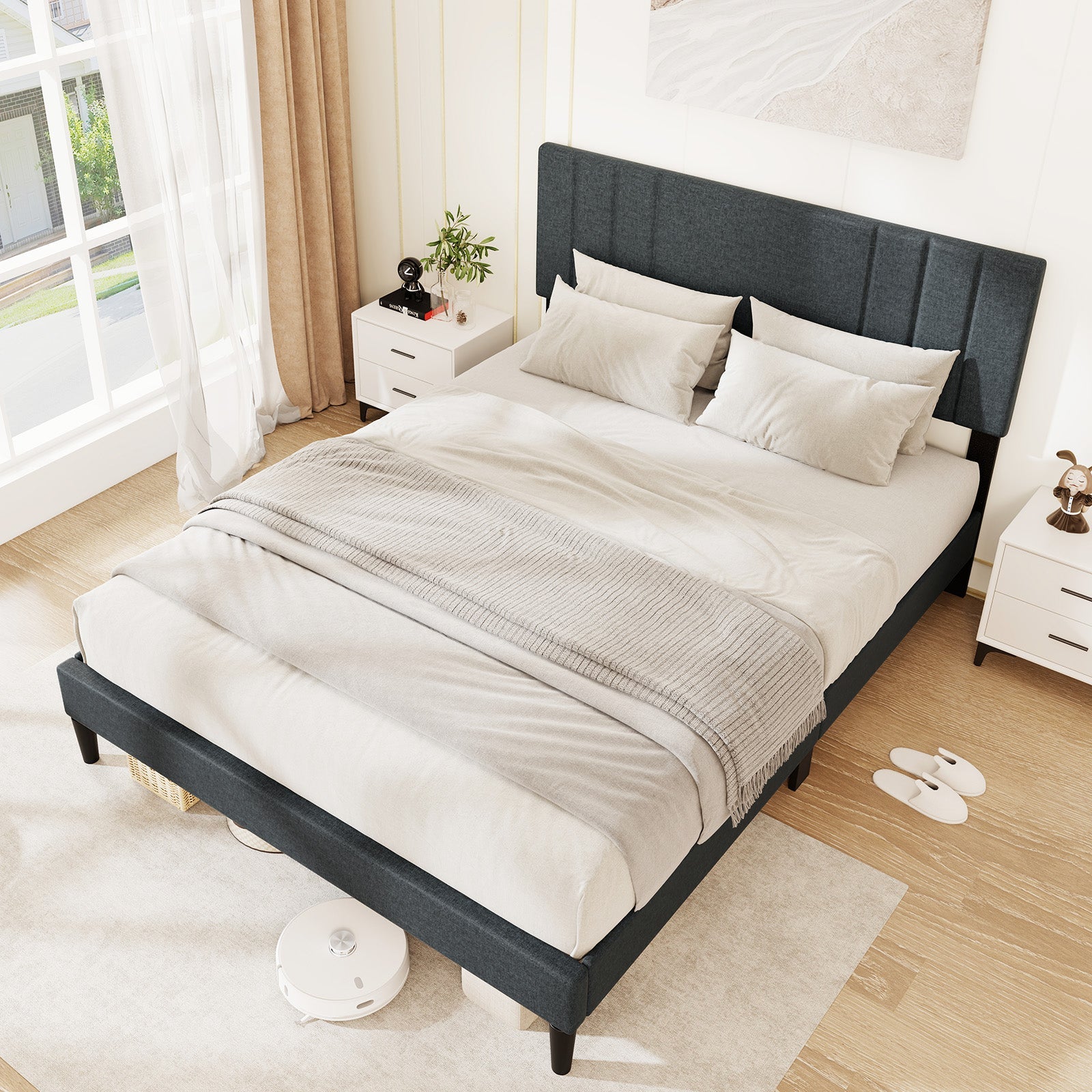 Full/Queen/Twin Size Bed Frame with Vertical Channel Tufted Headboard-Queen Size