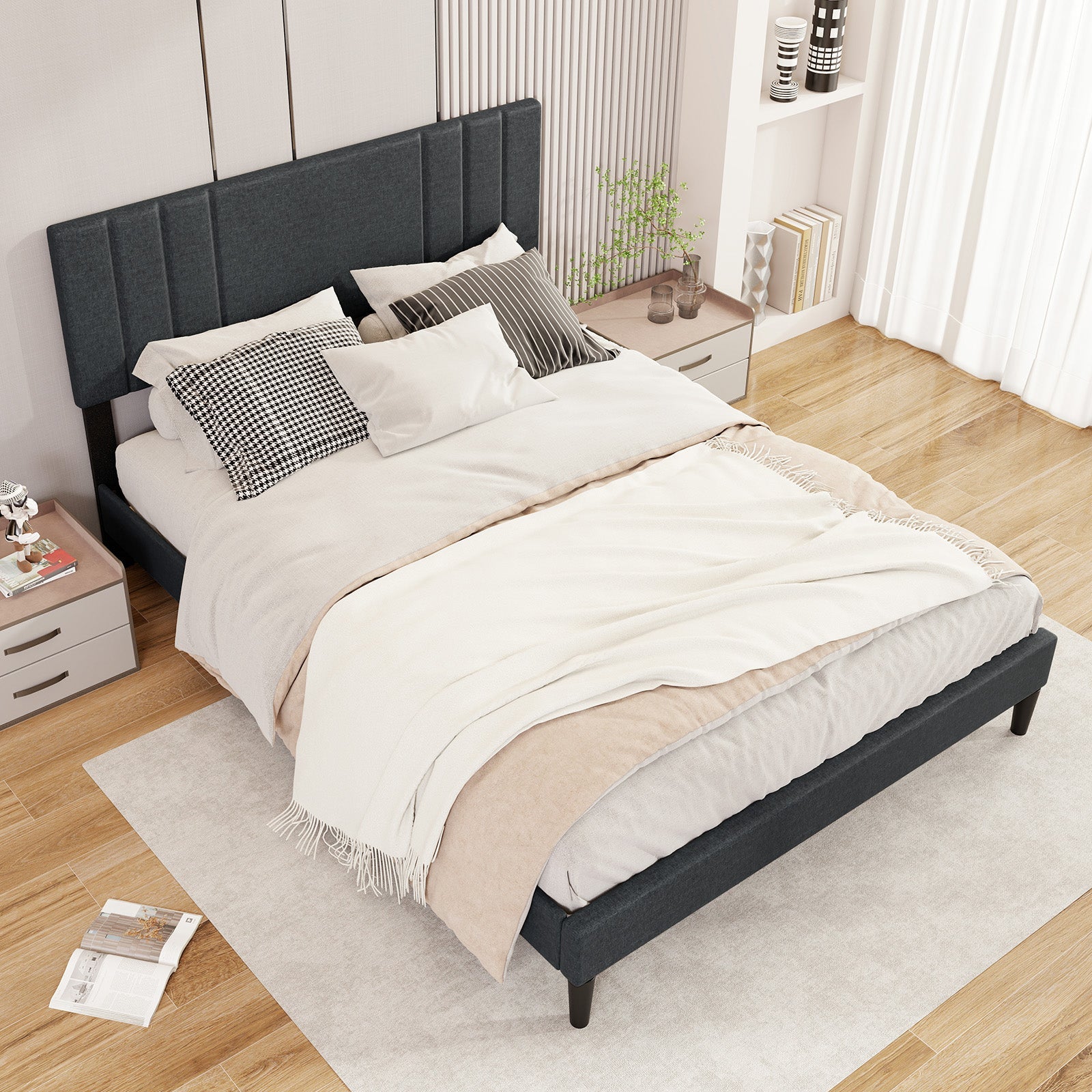 Full/Queen/Twin Size Bed Frame with Vertical Channel Tufted Headboard-Queen Size