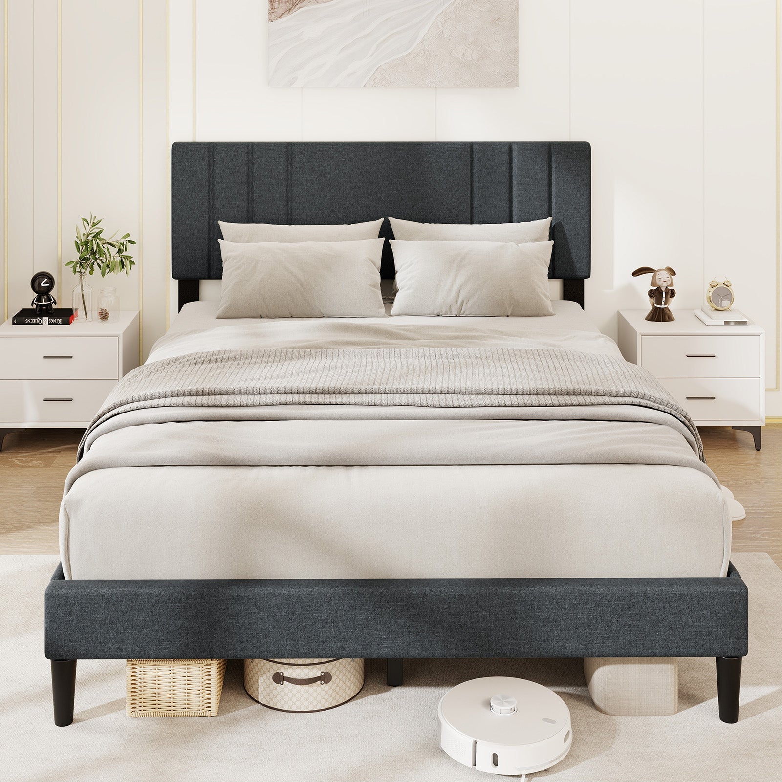 Full/Queen/Twin Size Bed Frame with Vertical Channel Tufted Headboard-Queen Size