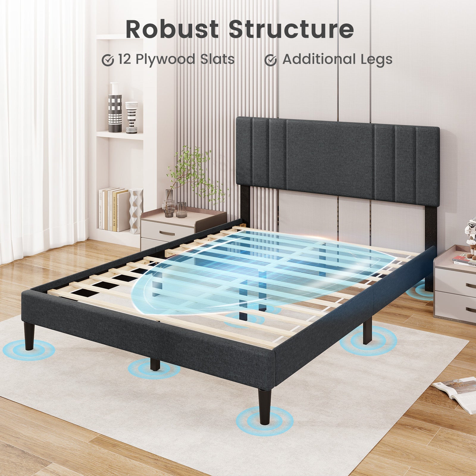 Full/Queen/Twin Size Bed Frame with Vertical Channel Tufted Headboard-Queen Size