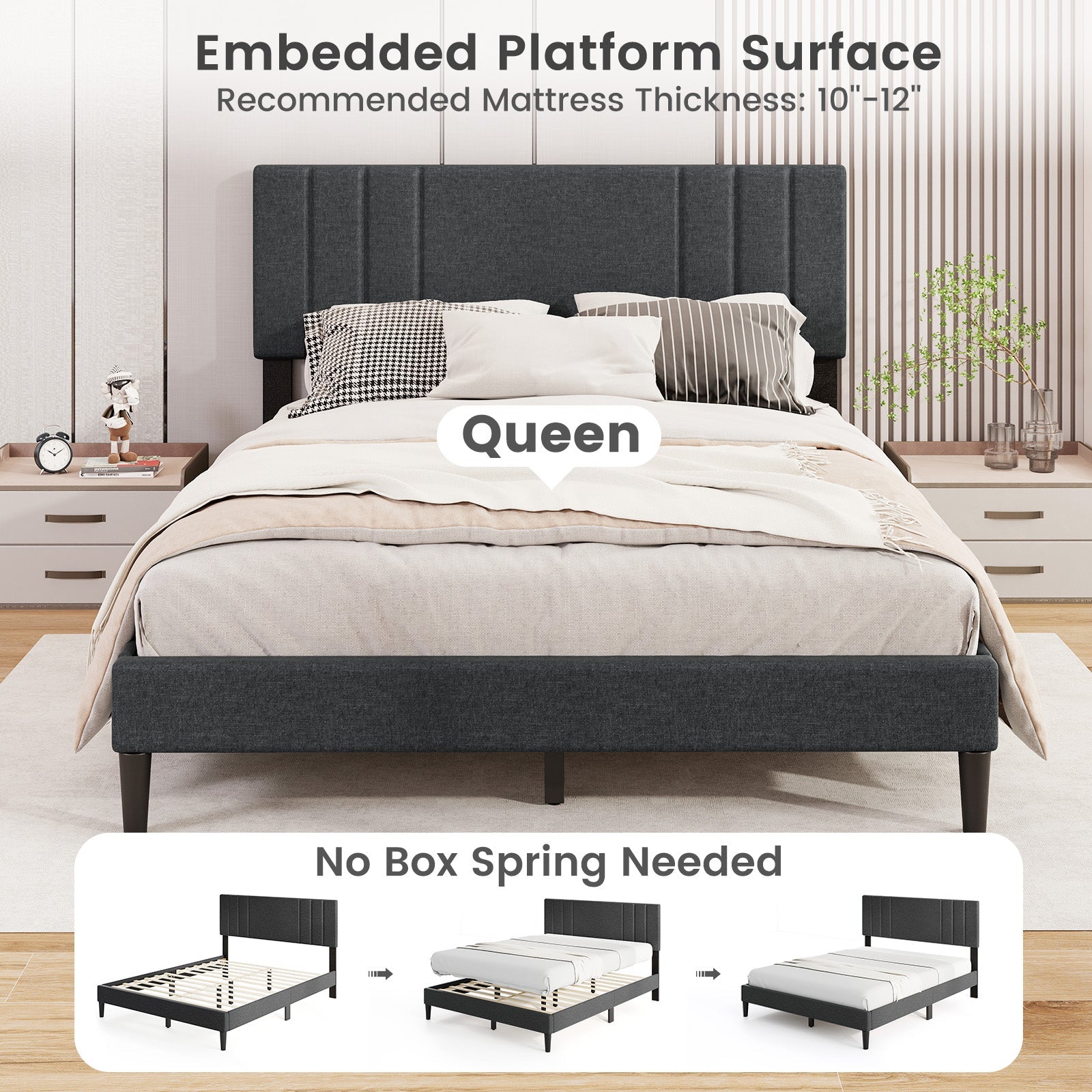 Full/Queen/Twin Size Bed Frame with Vertical Channel Tufted Headboard-Queen Size