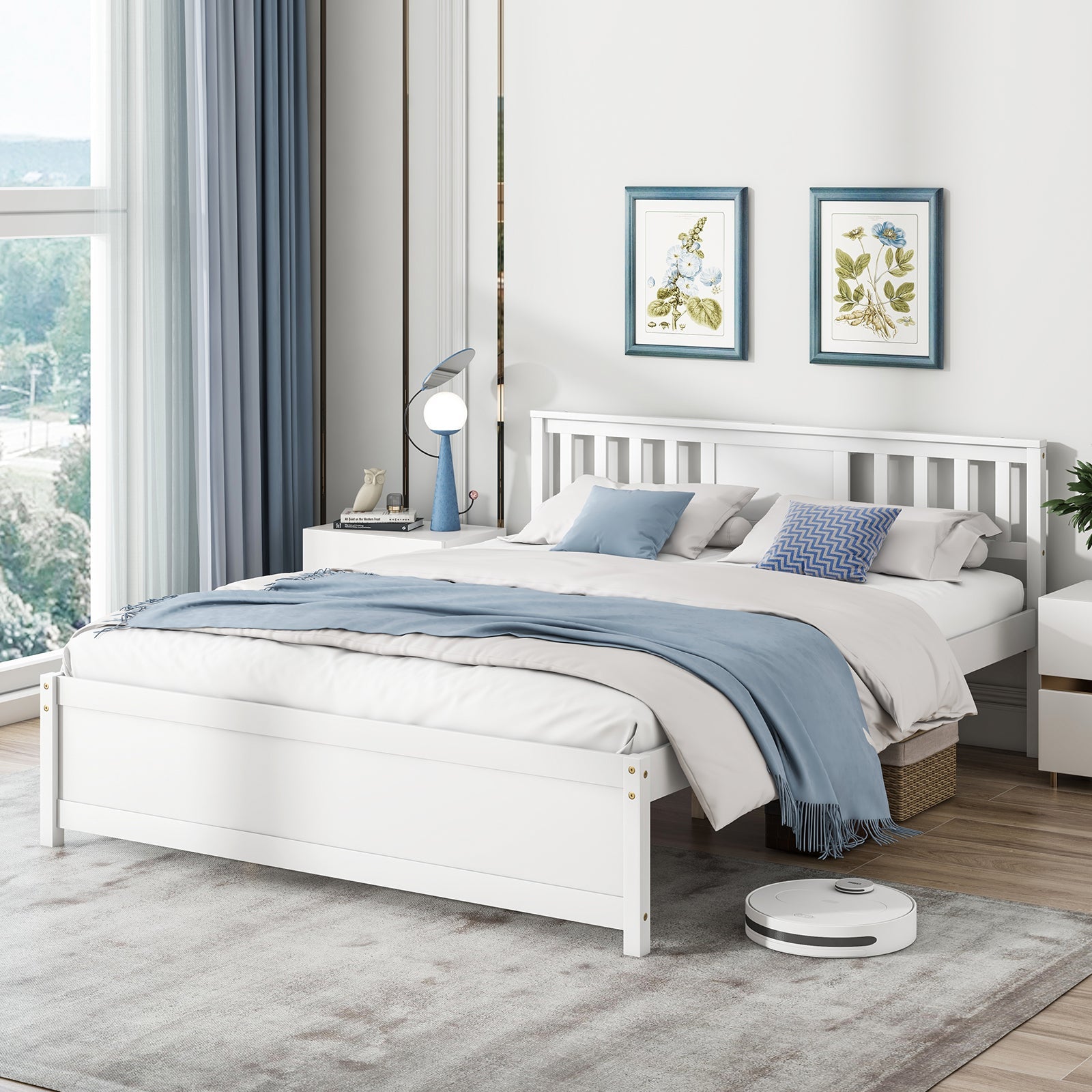 Wooden Platform Bed with Headboard and Wood Slat Support White-Queen Size