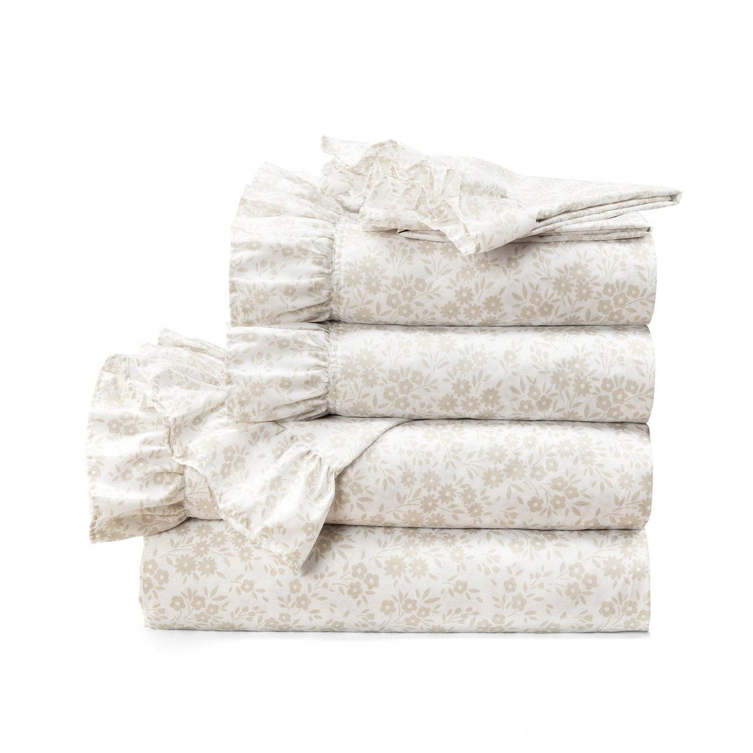 Queen Size, Polyester, Tan Ruffle Floral 6 Piece Sheet Set