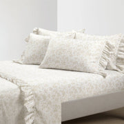 Queen Size, Polyester, Tan Ruffle Floral 6 Piece Sheet Set