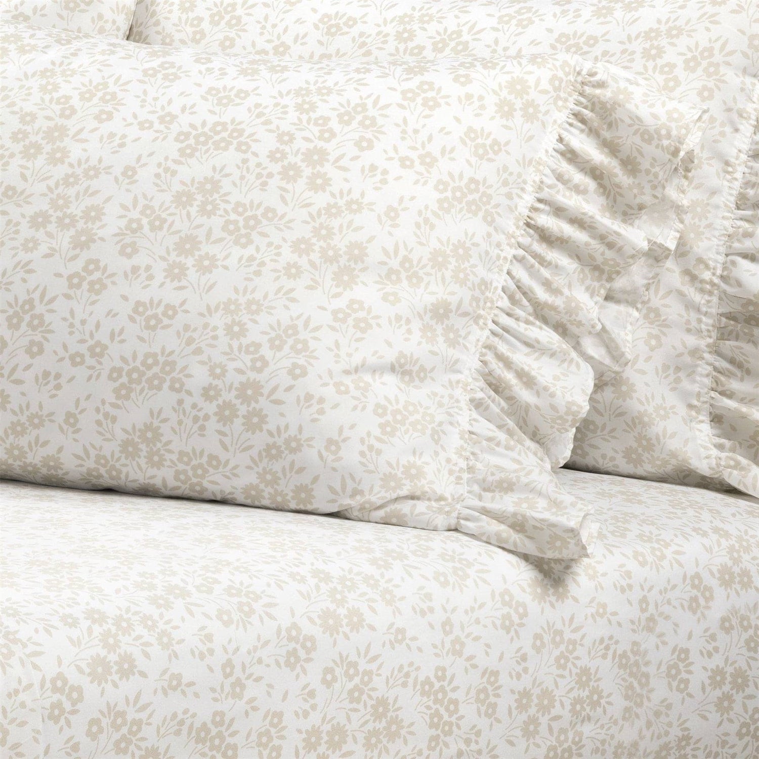 Queen Size, Polyester, Tan Ruffle Floral 6 Piece Sheet Set