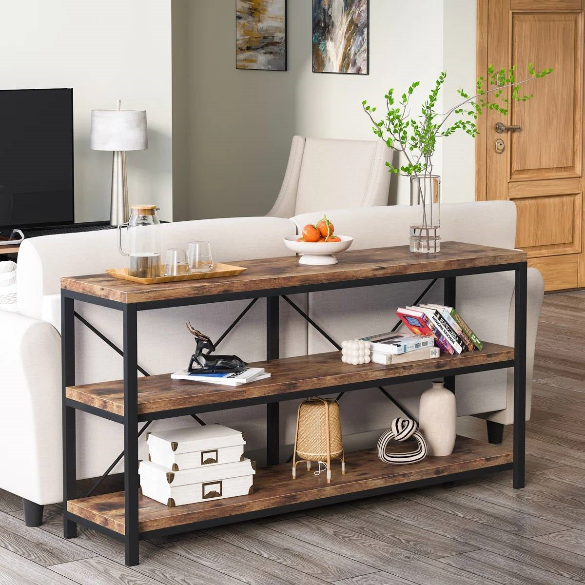 Industrial Wood Shelf Console Sofa Table