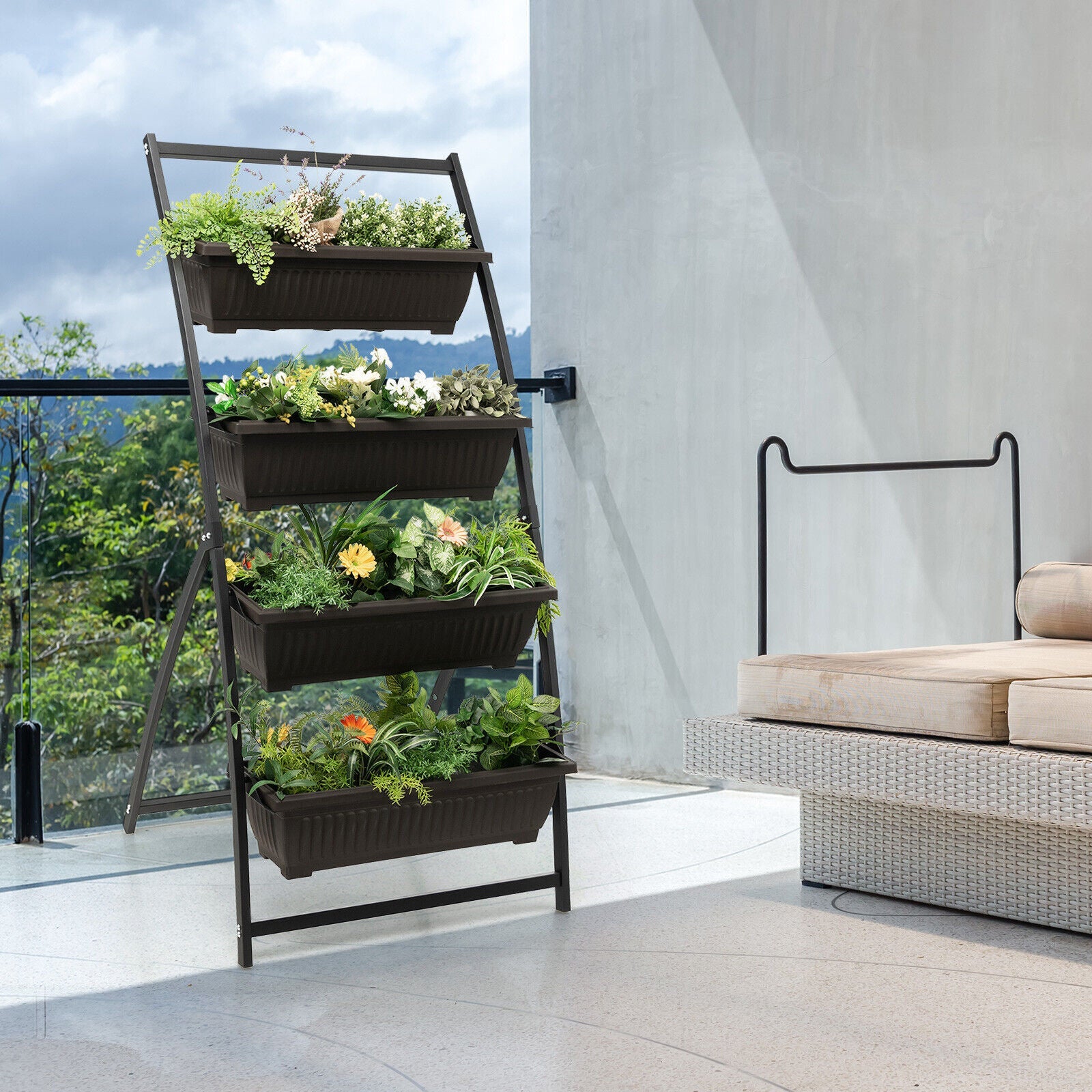 4-Tier Vertical Raised Garden Bed with 4 Containers & Drainage Holes-M
