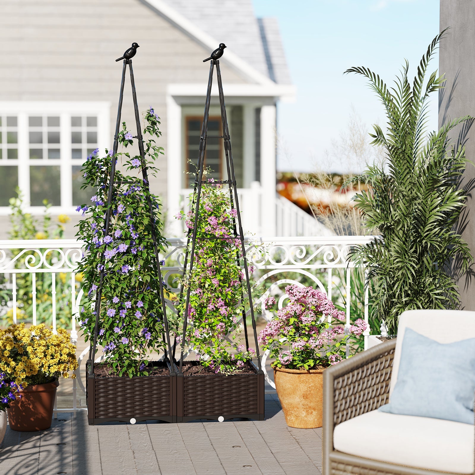Raised Garden Bed Adjustable with Plant Box & Trellis with Lockable Wheels