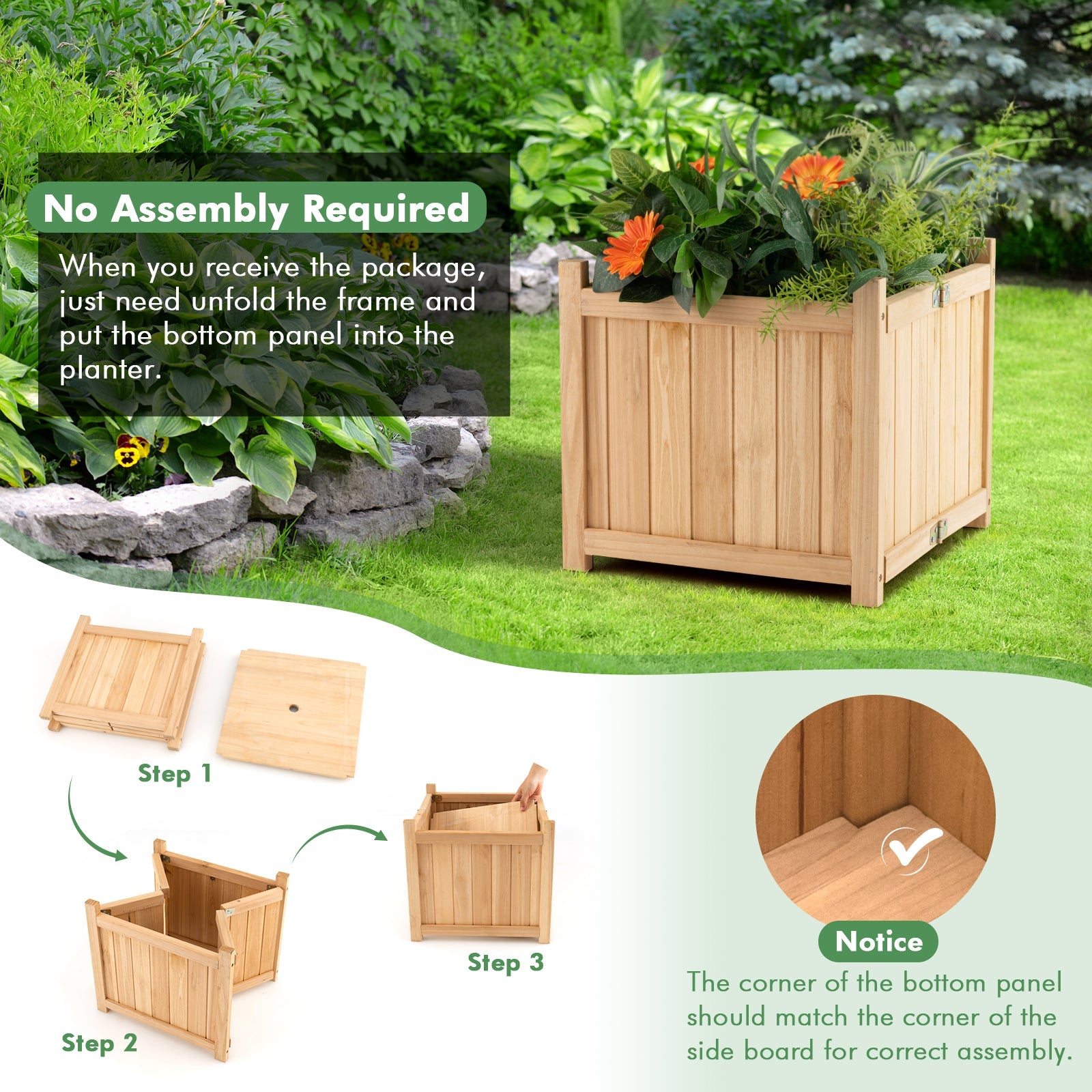 Folding Square Fir Wood Raised Garden Bed with Removable Bottom