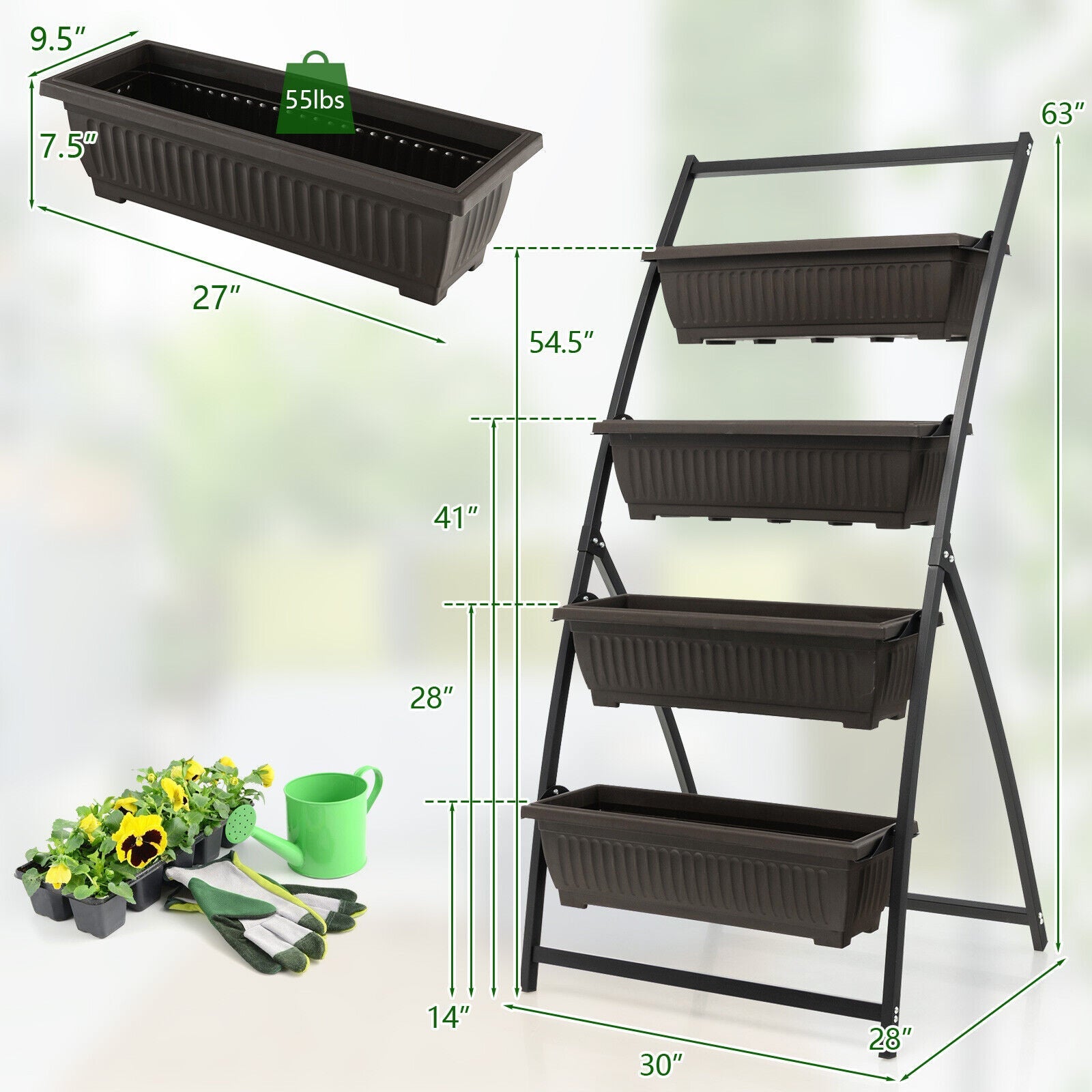 4-Tier Vertical Raised Garden Bed with 4 Containers & Drainage Holes-M