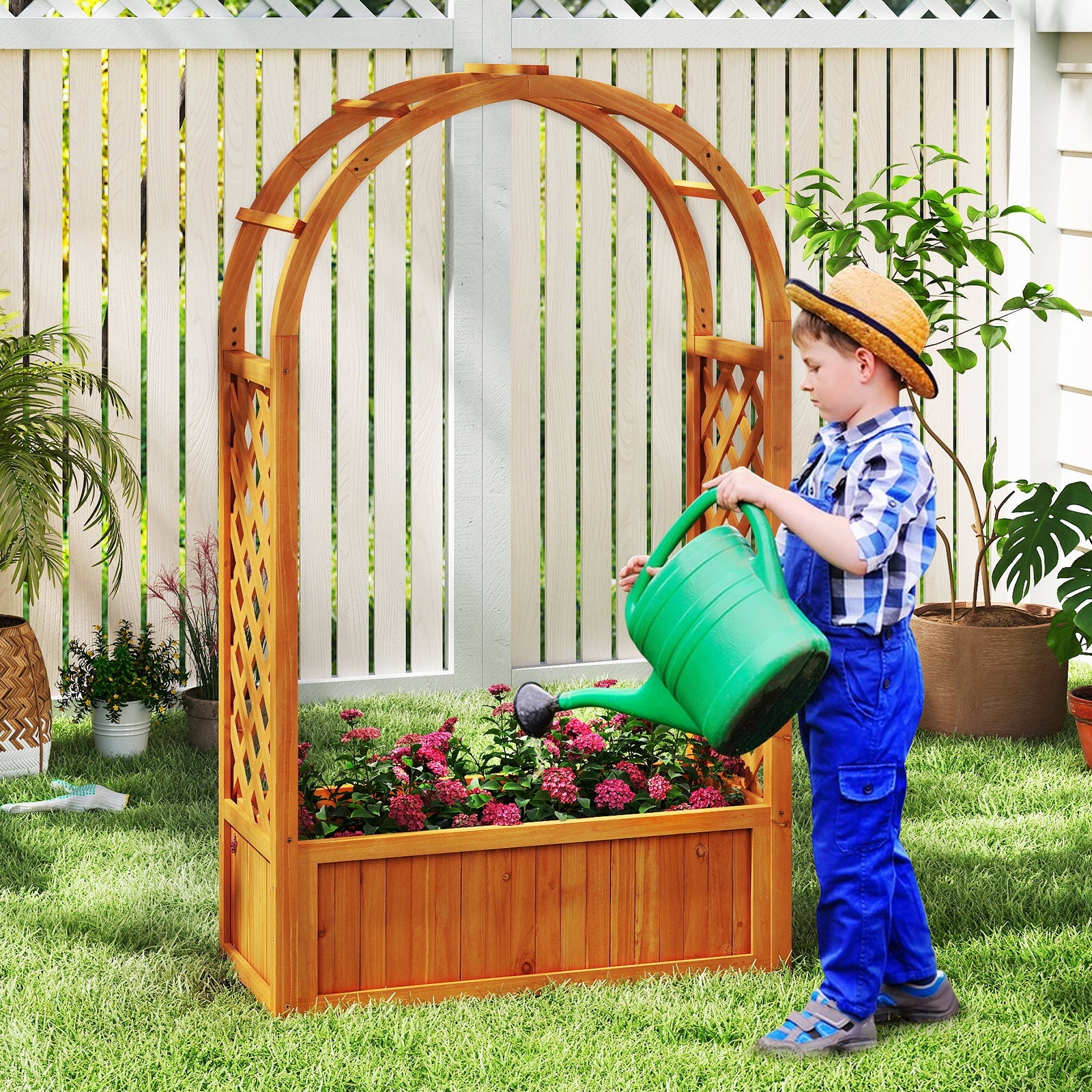 Raised Garden Bed with Lattice Trellis Ached Roof Elevated Planter Box-Brown