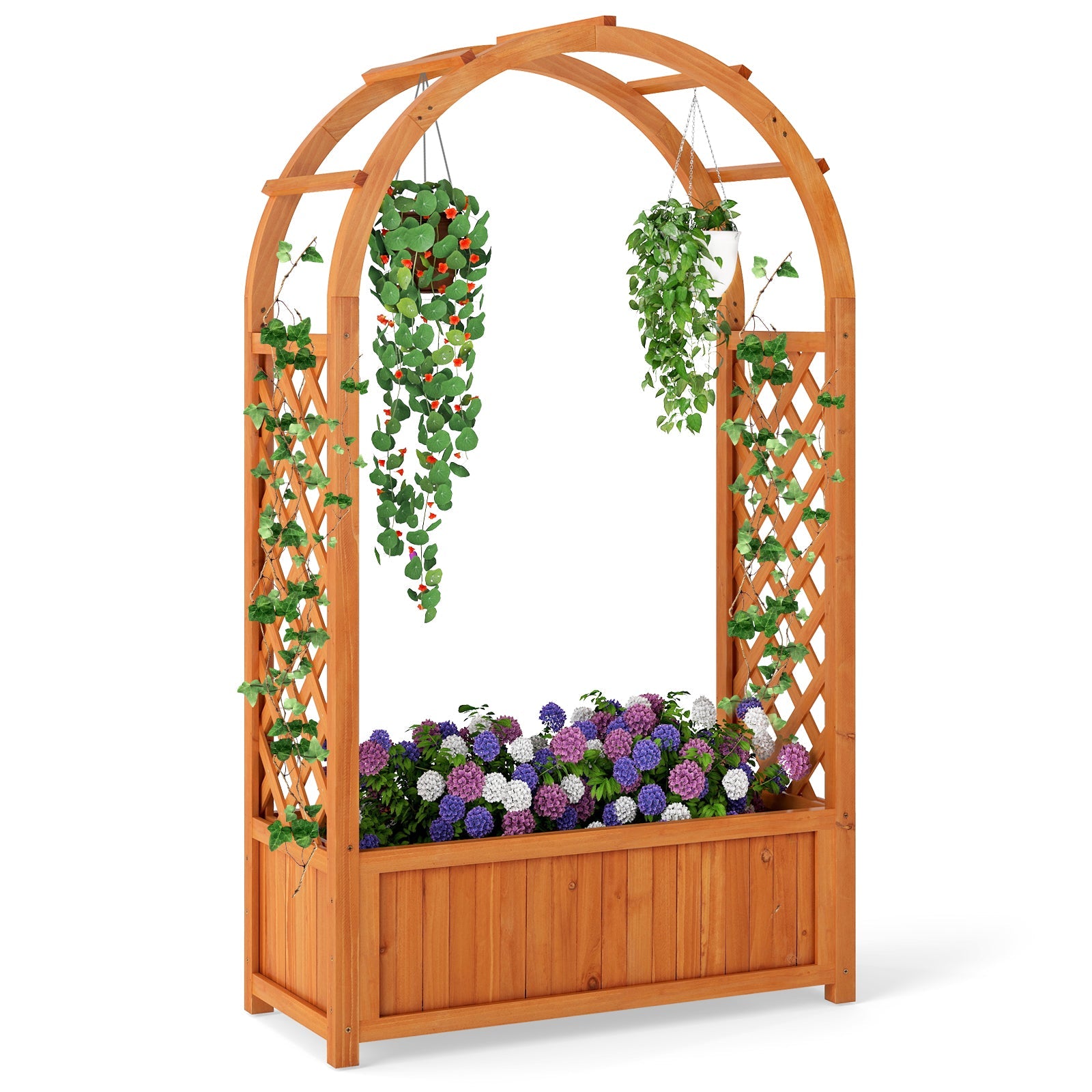 Raised Garden Bed with Lattice Trellis Ached Roof Elevated Planter Box-Brown