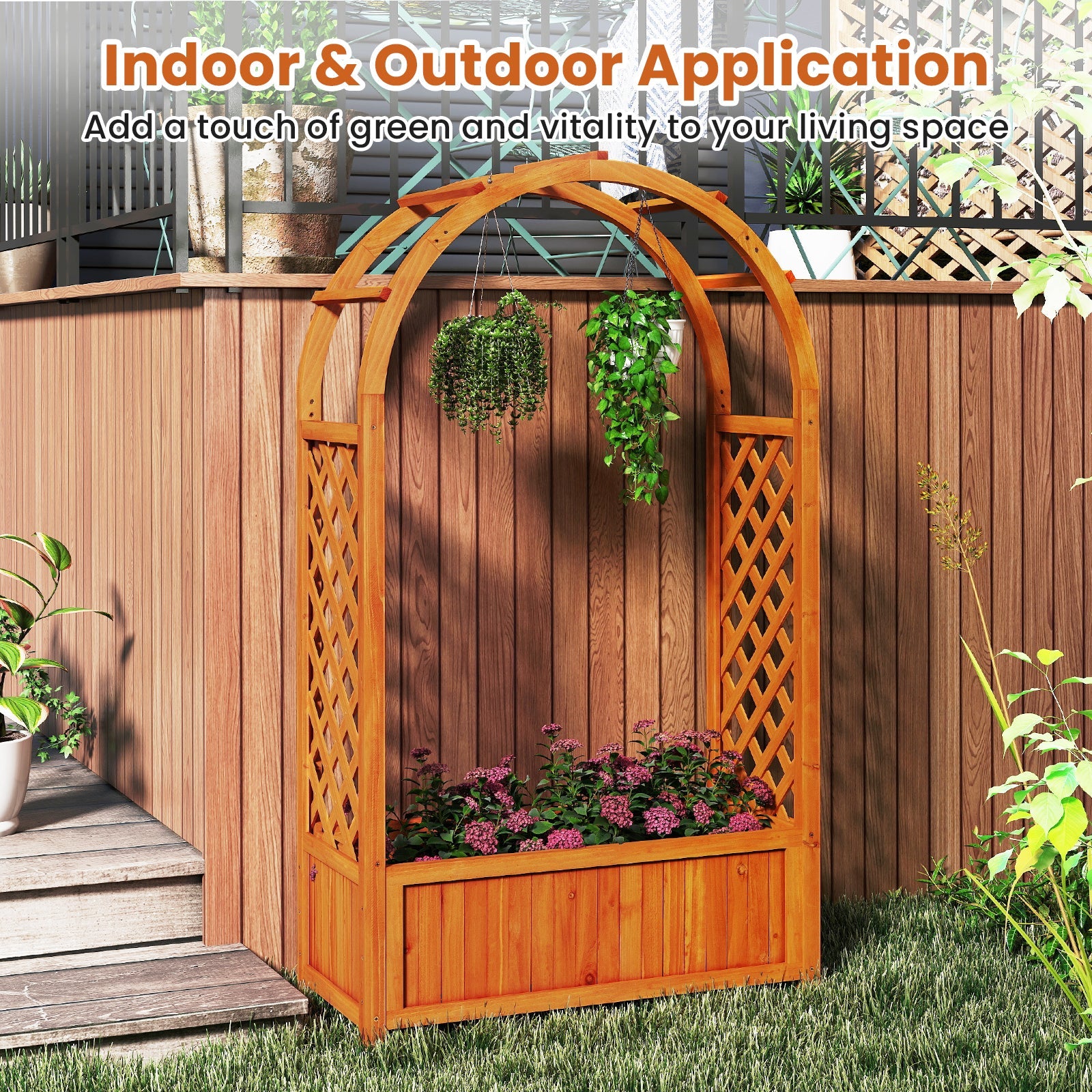 Raised Garden Bed with Lattice Trellis Ached Roof Elevated Planter Box-Brown